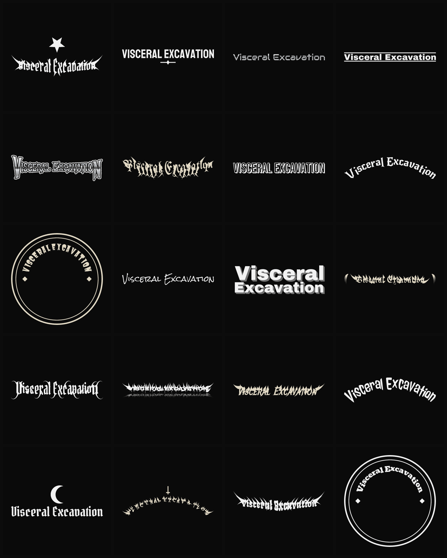 Twenty Visceral Excavation band logo ideas — different faces, treatments and spike settings