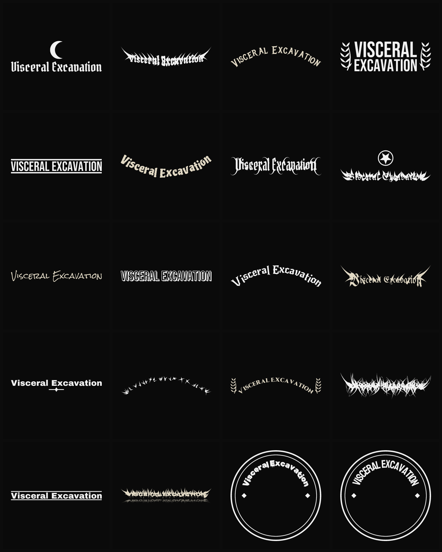 Twenty Visceral Excavation band logo ideas — different faces, treatments and spike settings