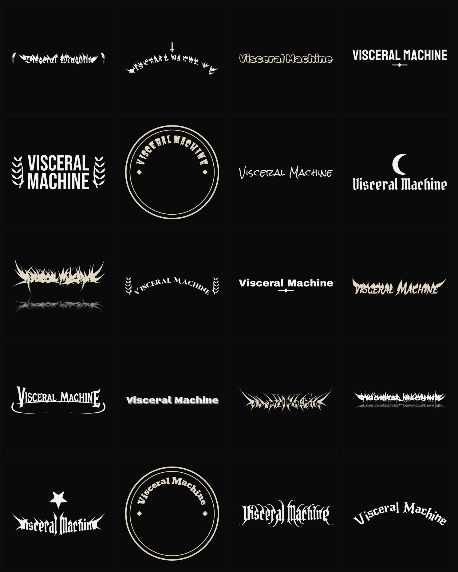 Twenty Visceral Machine band logo ideas — different faces, treatments and spike settings