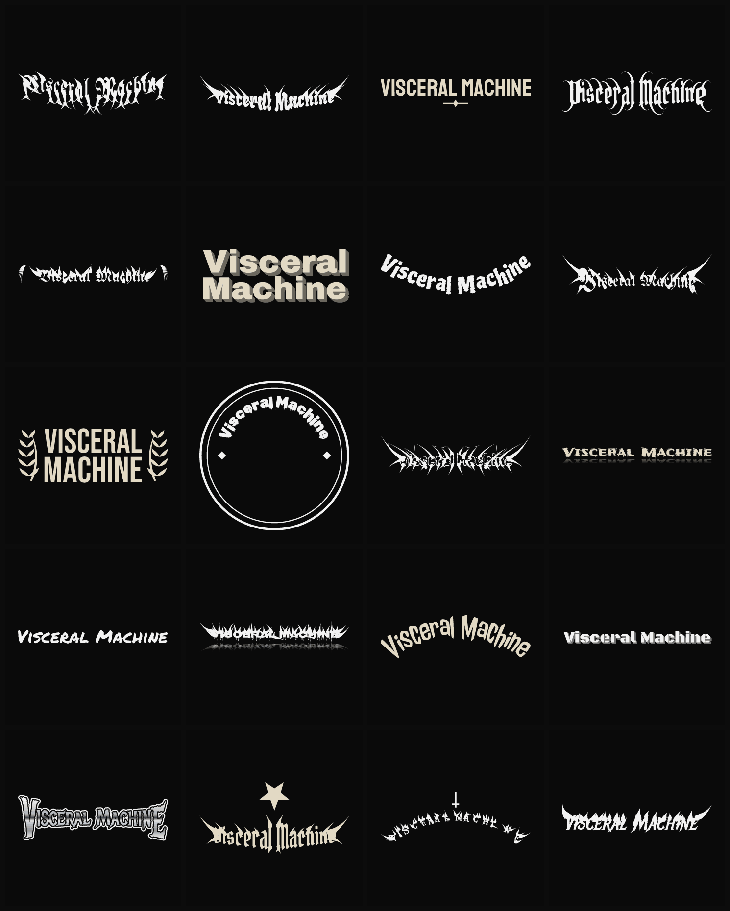 Twenty Visceral Machine band logo ideas — different faces, treatments and spike settings