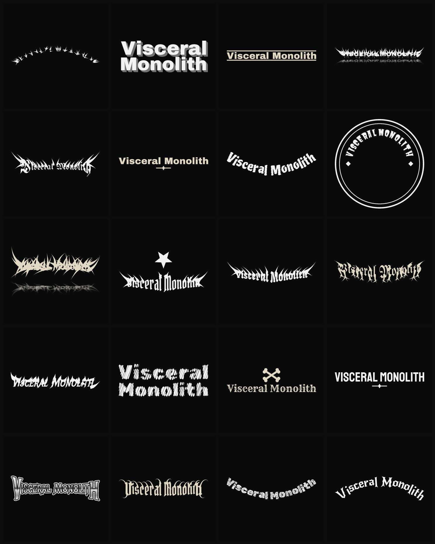 Twenty Visceral Monolith band logo ideas — different faces, treatments and spike settings
