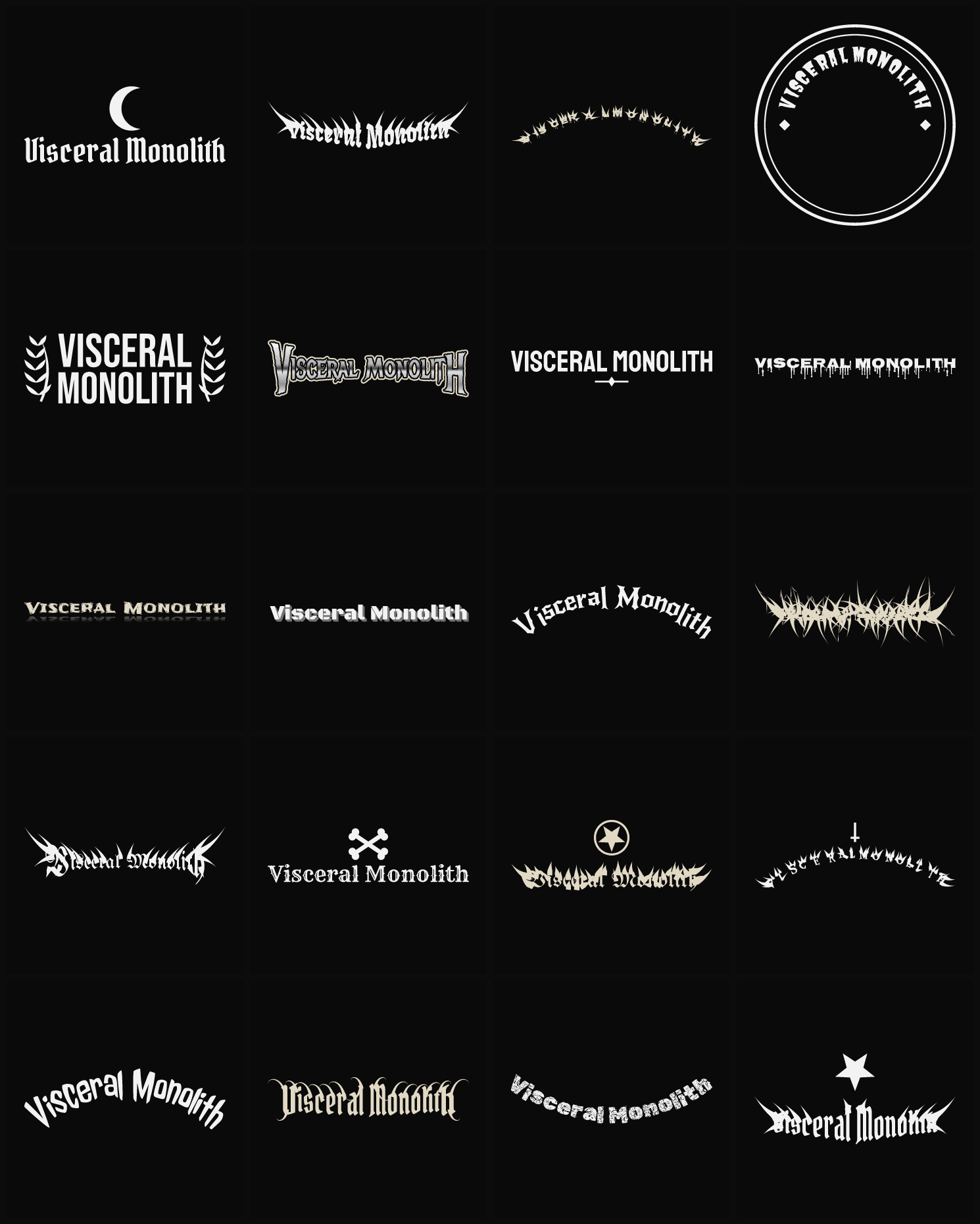 Twenty Visceral Monolith band logo ideas — different faces, treatments and spike settings