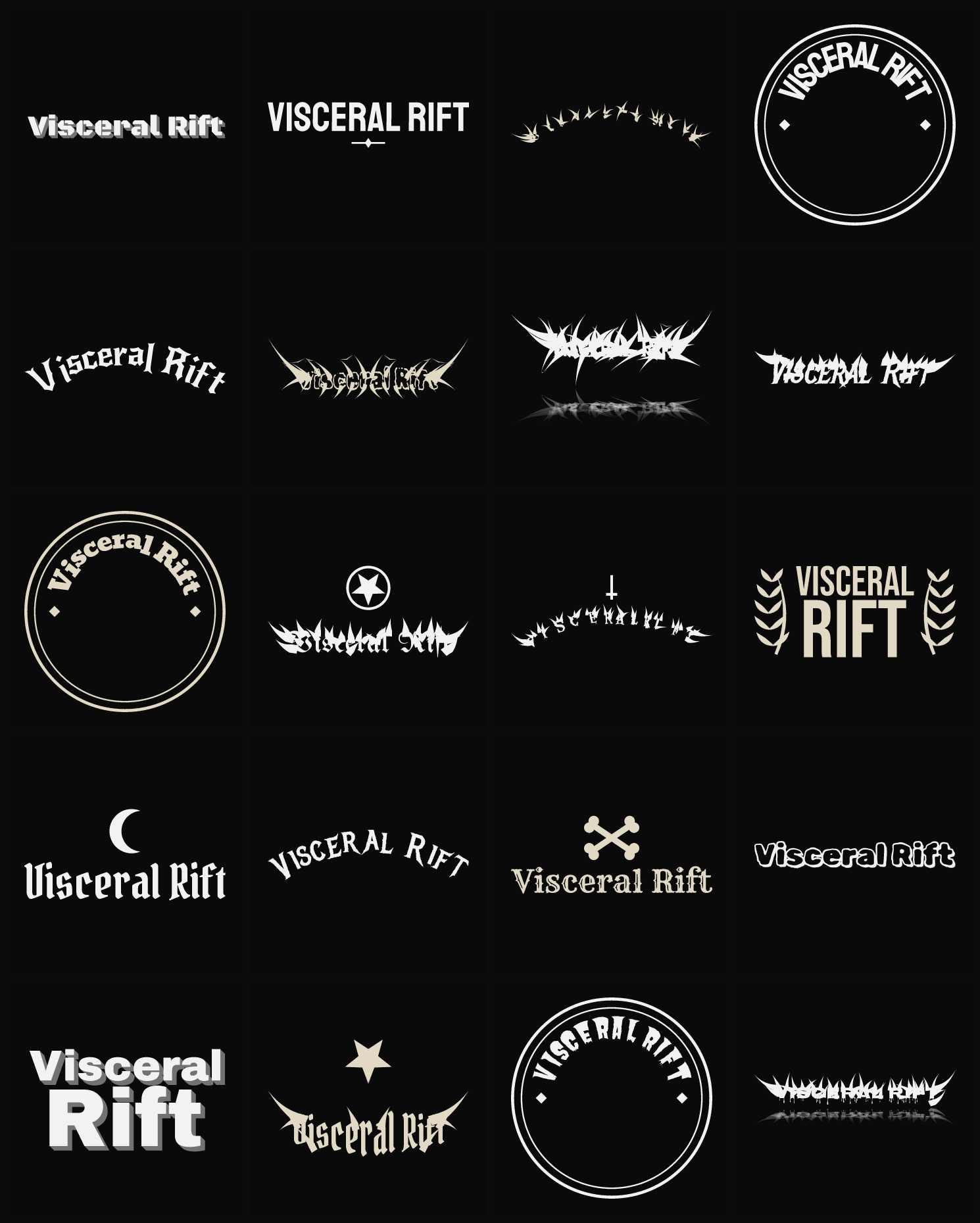 Twenty Visceral Rift band logo ideas — different faces, treatments and spike settings