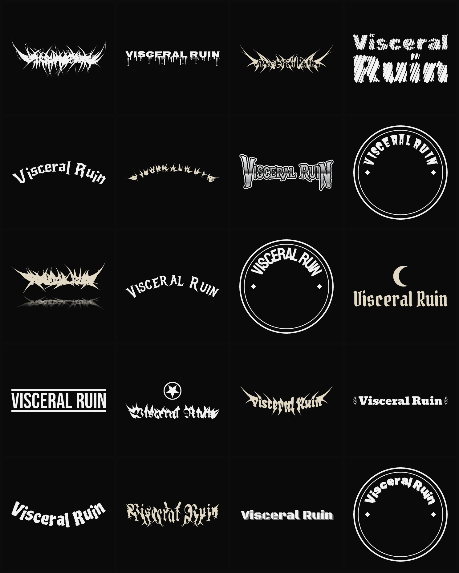 Twenty Visceral Ruin band logo ideas — different faces, treatments and spike settings