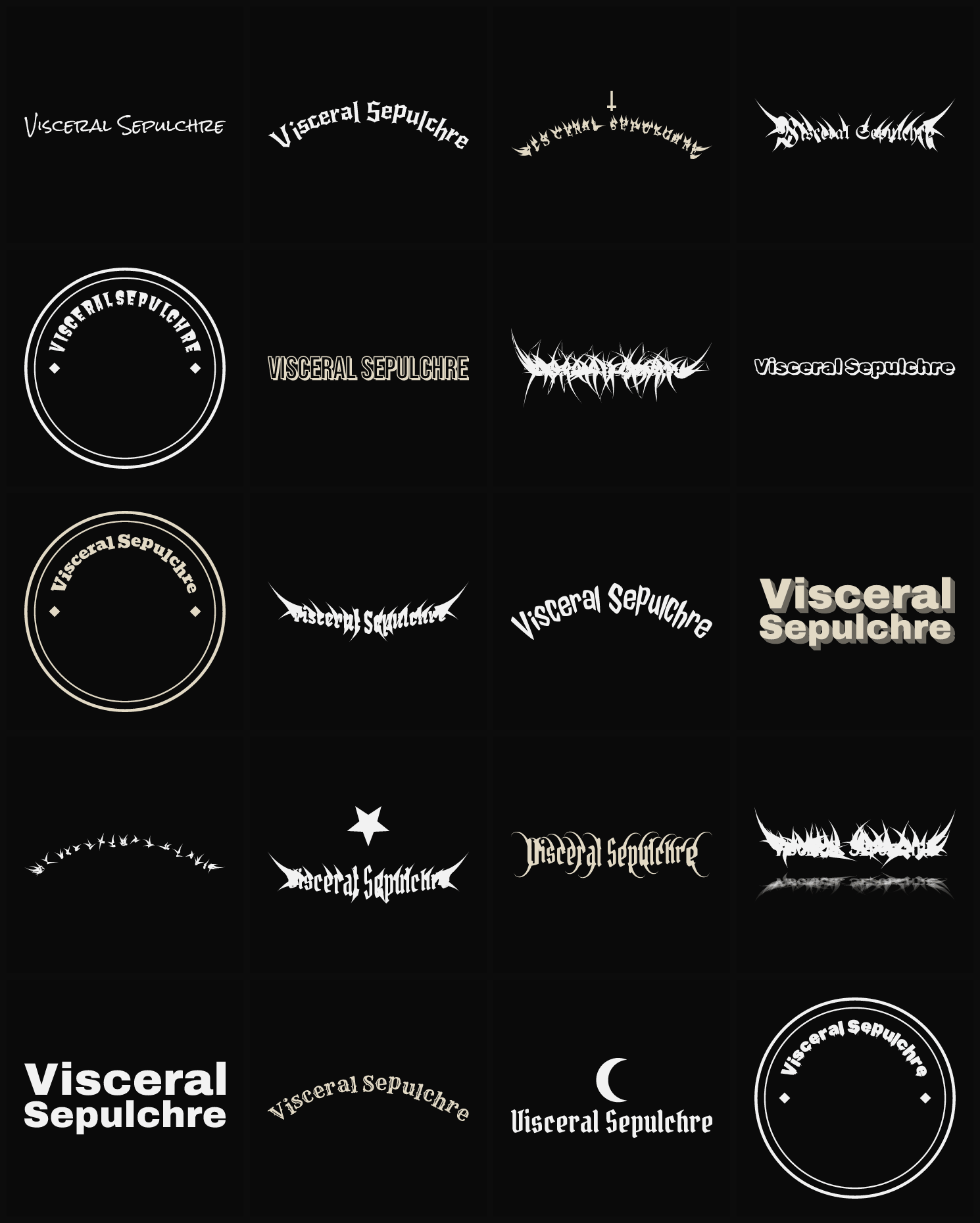 Twenty Visceral Sepulchre band logo ideas — different faces, treatments and spike settings