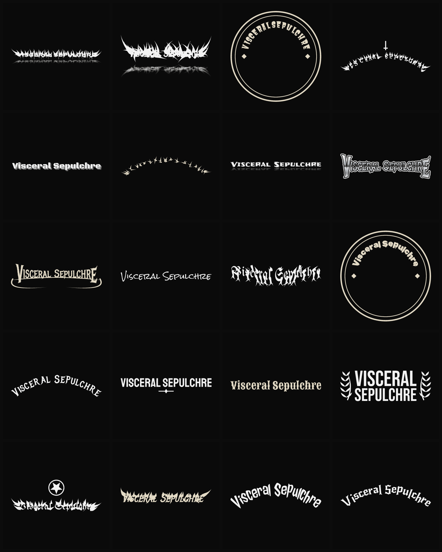 Twenty Visceral Sepulchre band logo ideas — different faces, treatments and spike settings