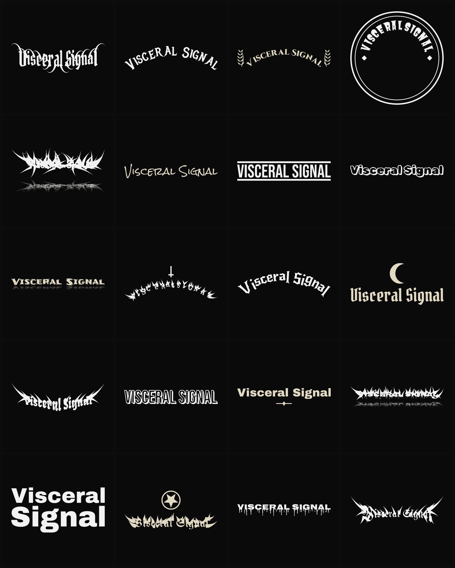 Twenty Visceral Signal band logo ideas — different faces, treatments and spike settings