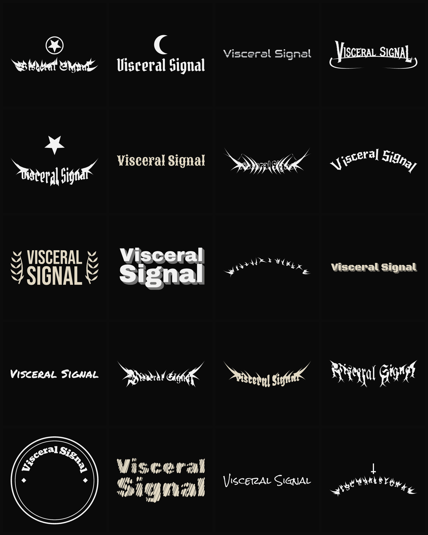 Twenty Visceral Signal band logo ideas — different faces, treatments and spike settings