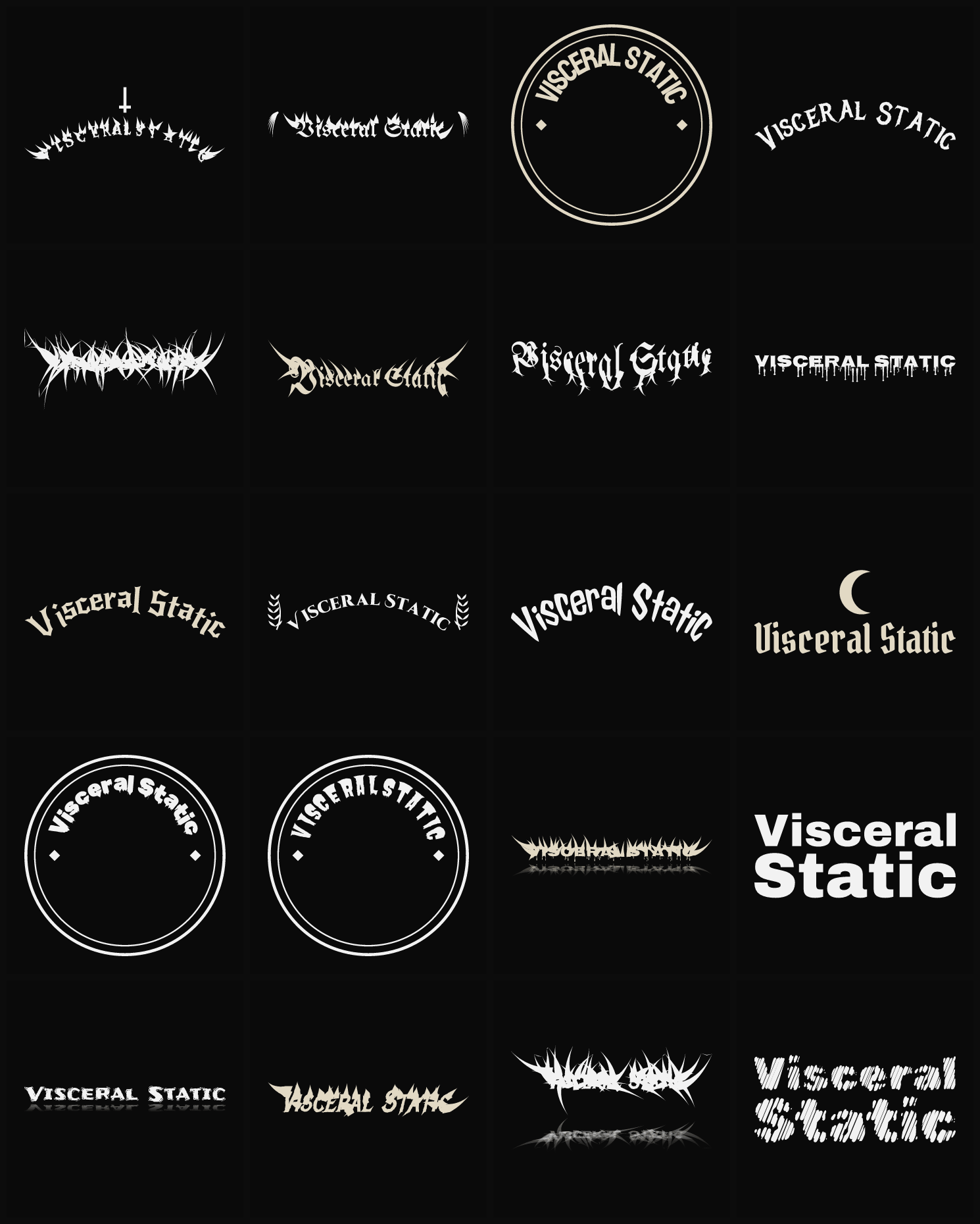 Twenty Visceral Static band logo ideas — different faces, treatments and spike settings