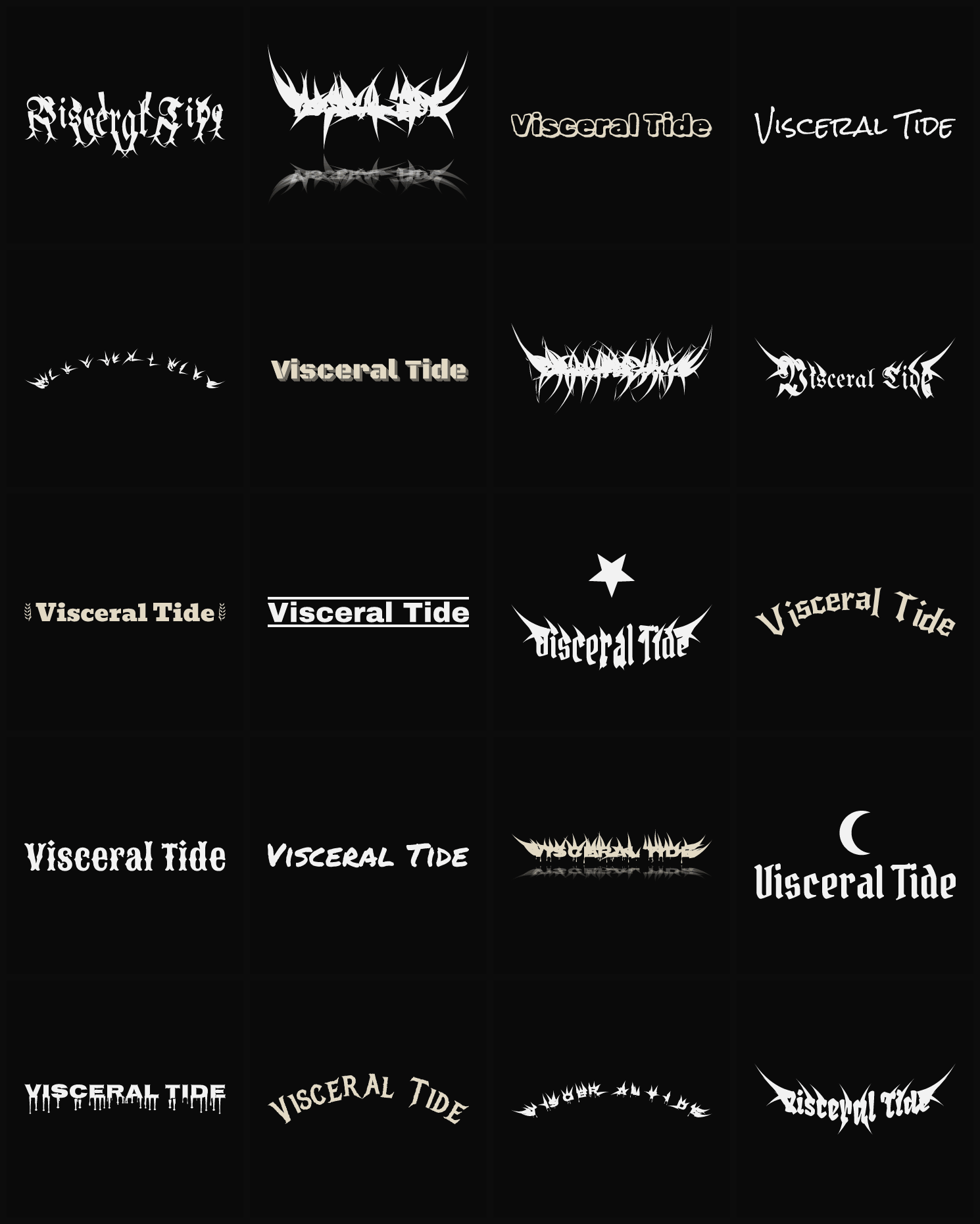 Twenty Visceral Tide band logo ideas — different faces, treatments and spike settings