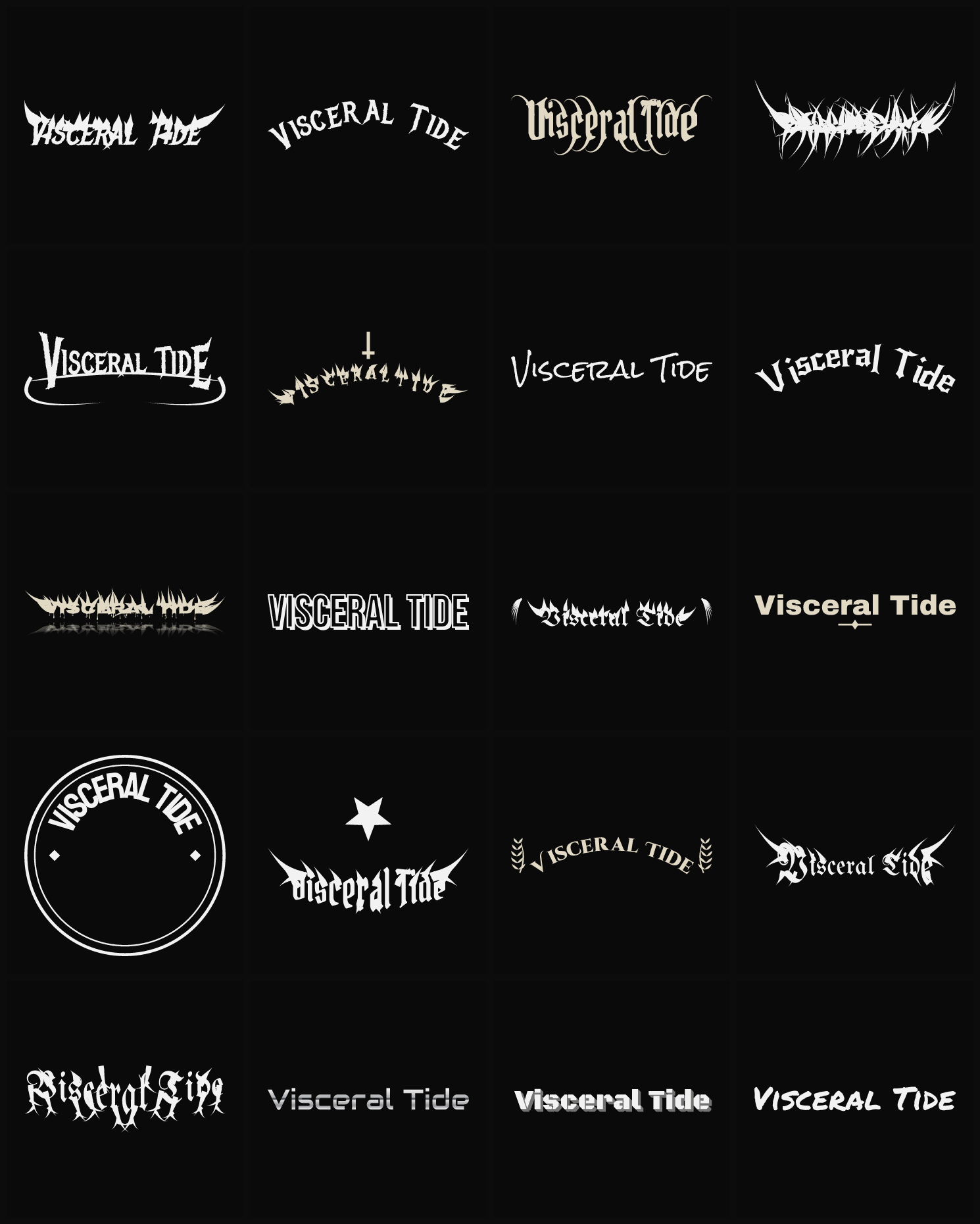 Twenty Visceral Tide band logo ideas — different faces, treatments and spike settings