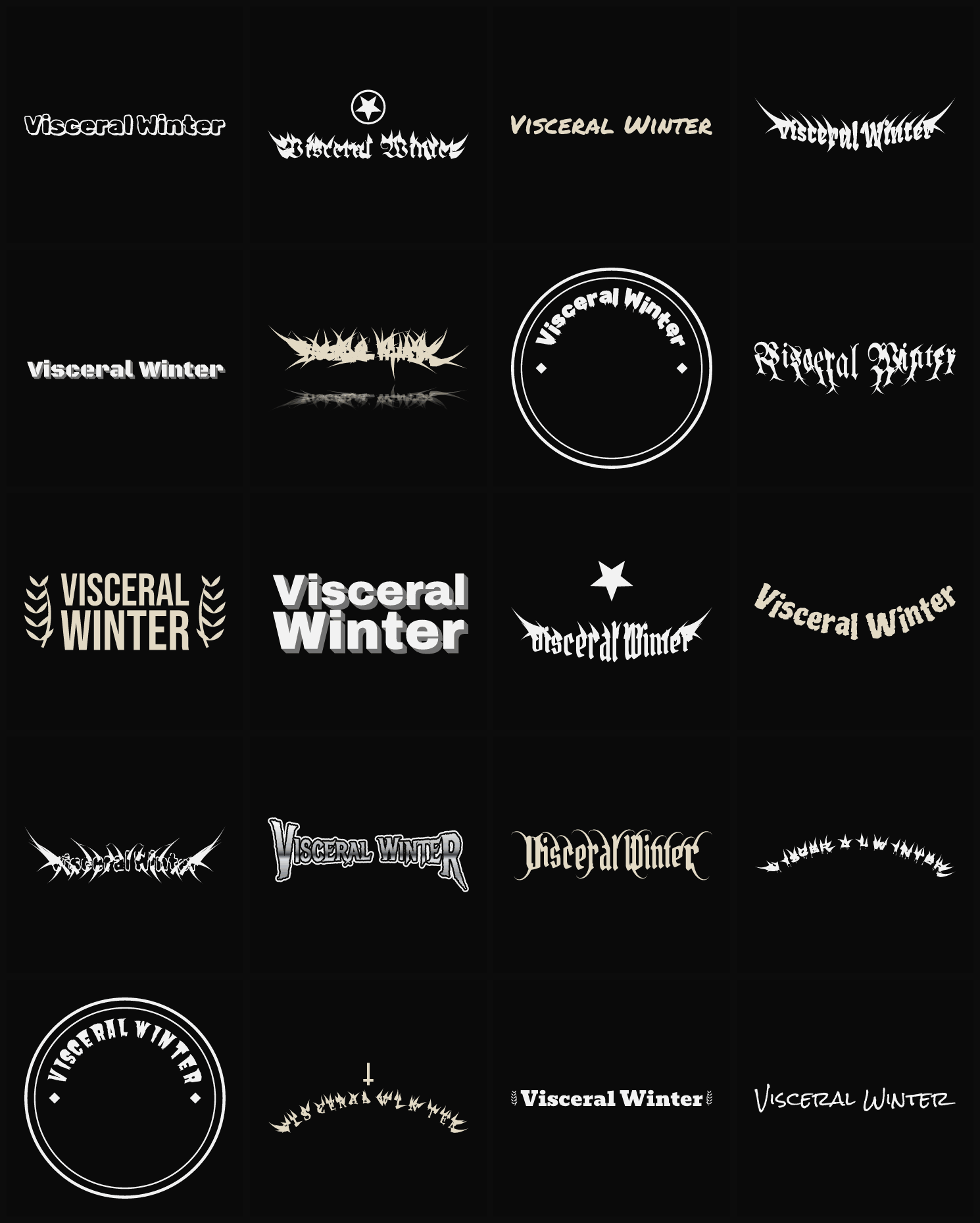 Twenty Visceral Winter band logo ideas — different faces, treatments and spike settings