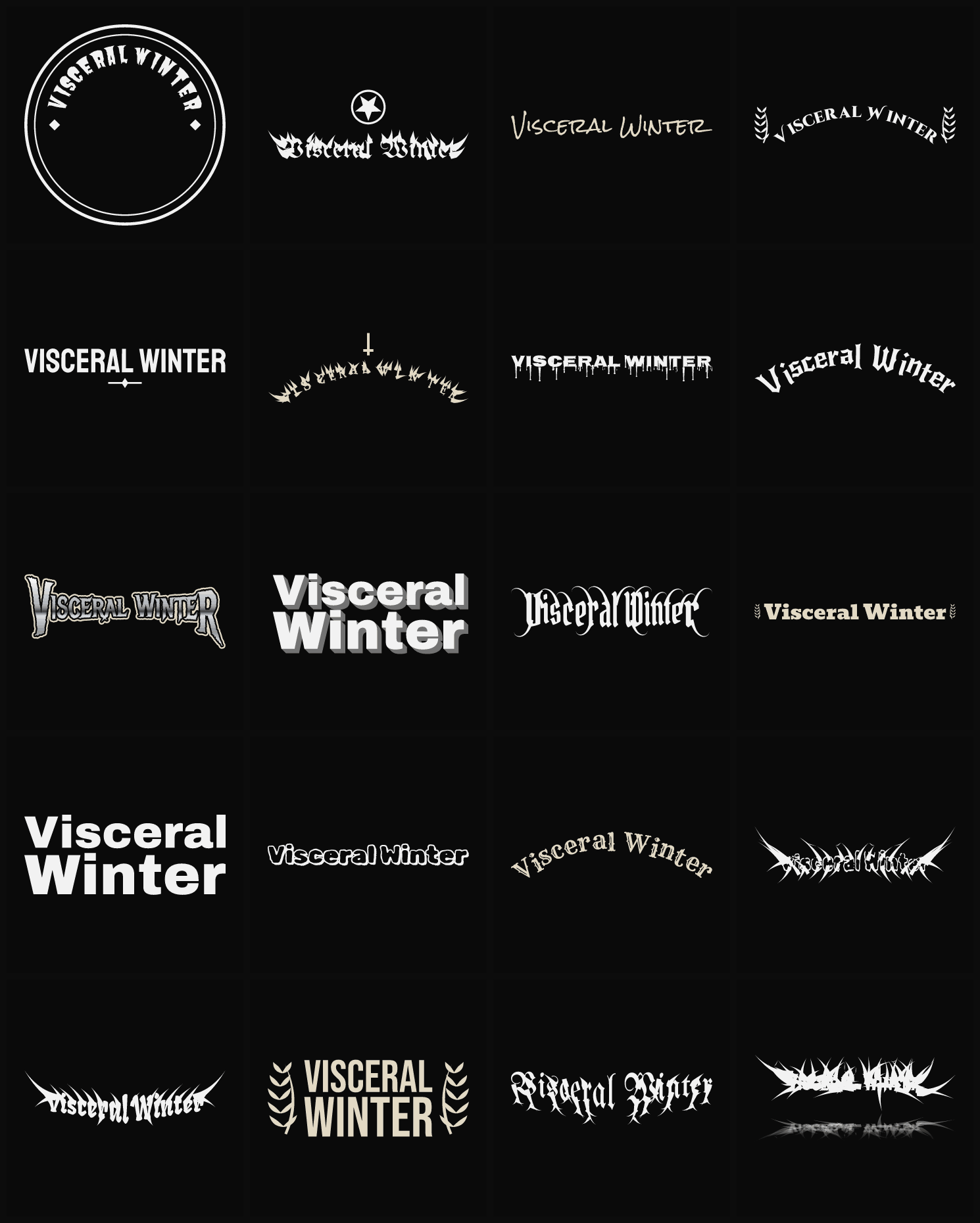 Twenty Visceral Winter band logo ideas — different faces, treatments and spike settings