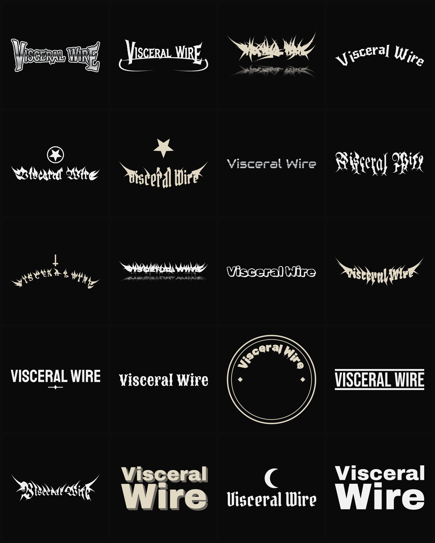 Twenty Visceral Wire band logo ideas — different faces, treatments and spike settings