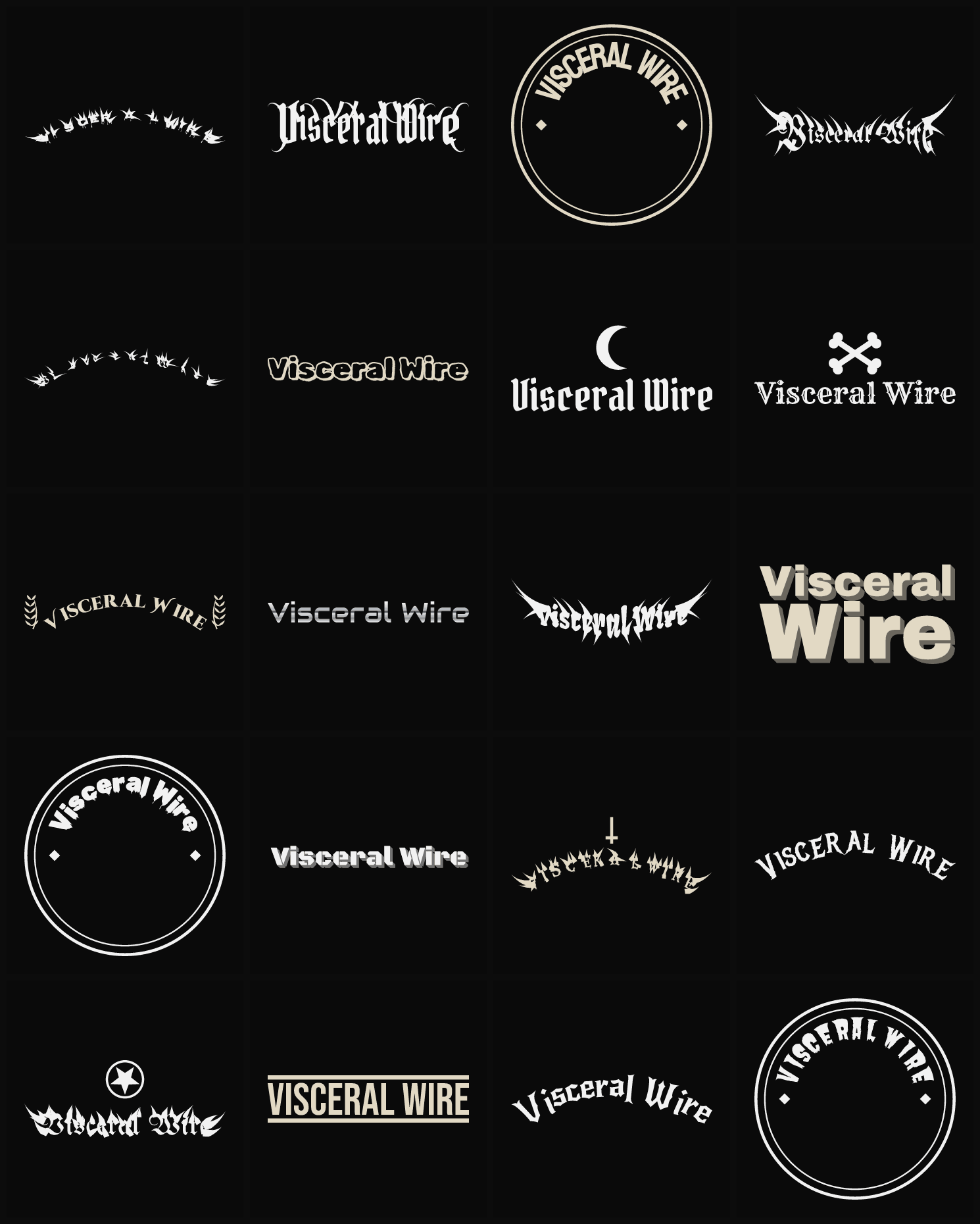 Twenty Visceral Wire band logo ideas — different faces, treatments and spike settings
