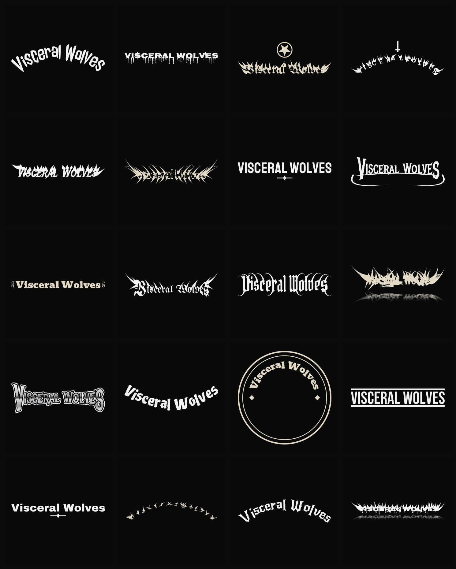 Twenty Visceral Wolves band logo ideas — different faces, treatments and spike settings