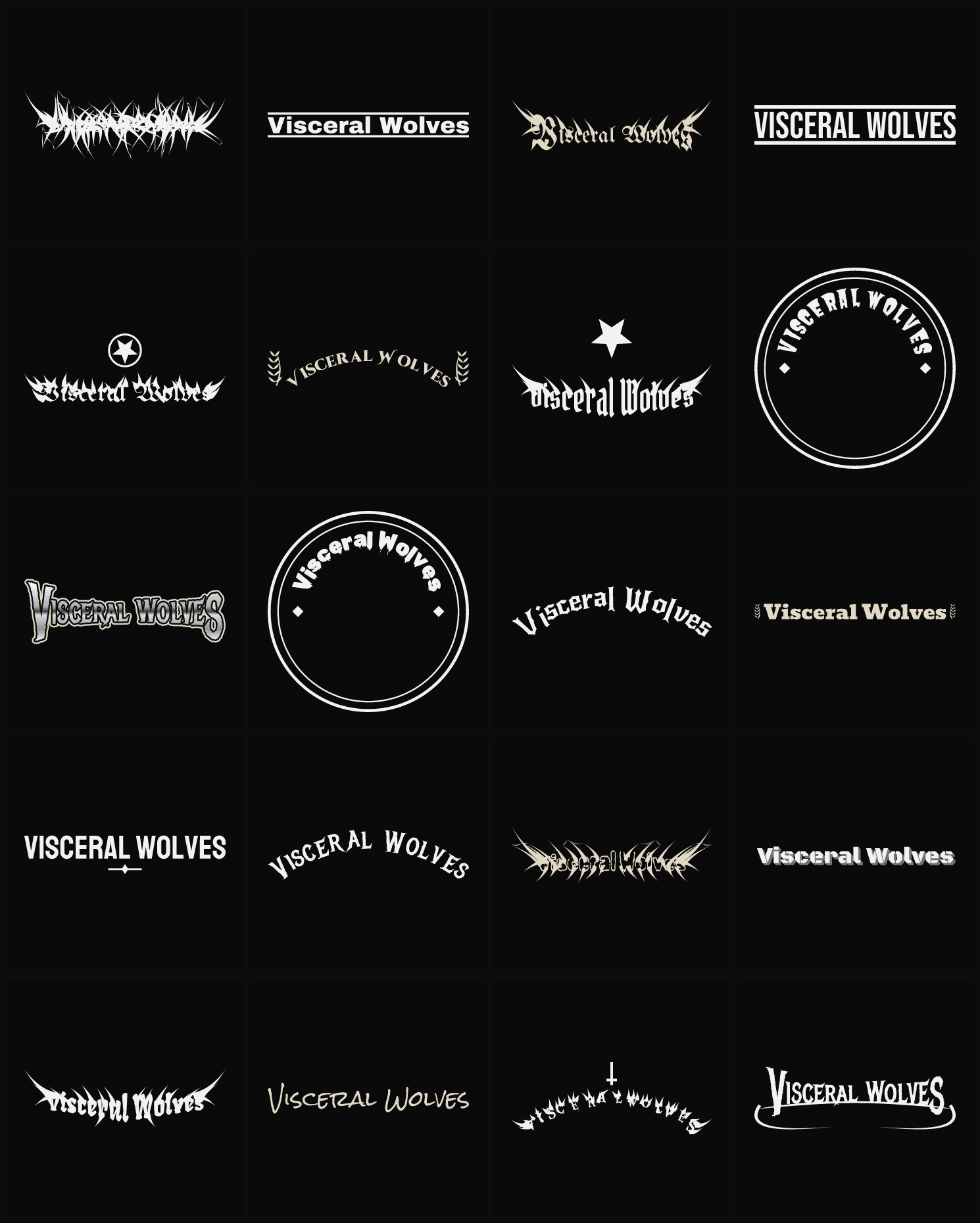 Twenty Visceral Wolves band logo ideas — different faces, treatments and spike settings