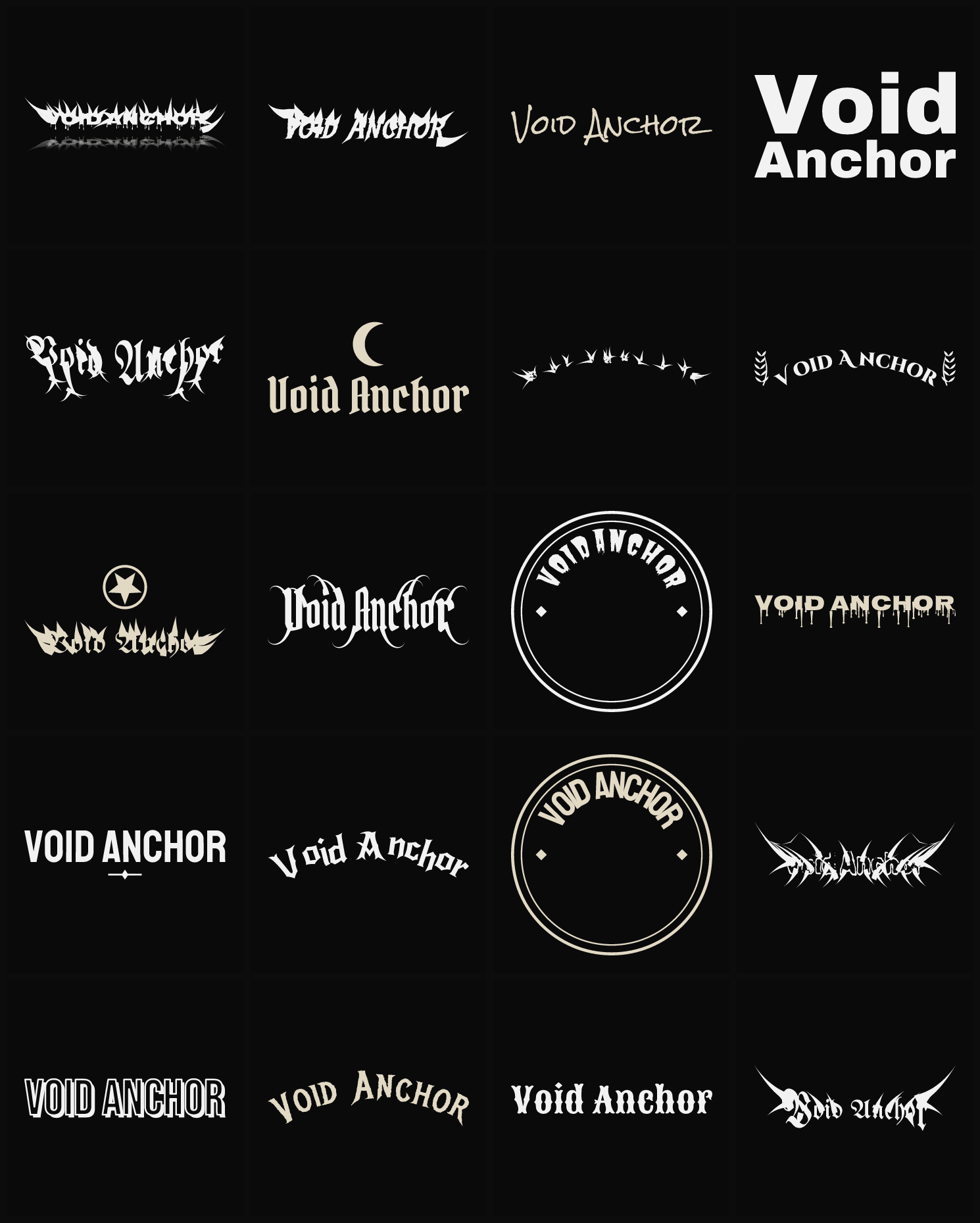 Twenty Void Anchor band logo ideas — different faces, treatments and spike settings