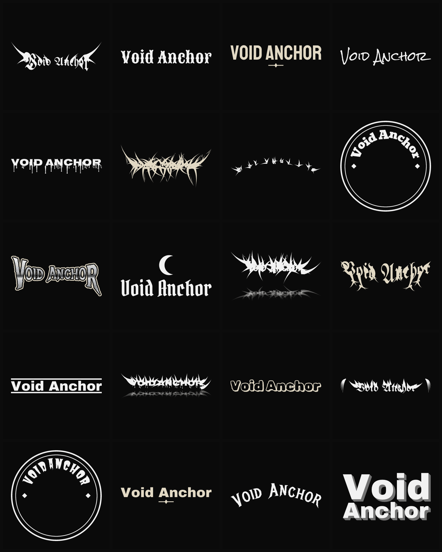 Twenty Void Anchor band logo ideas — different faces, treatments and spike settings