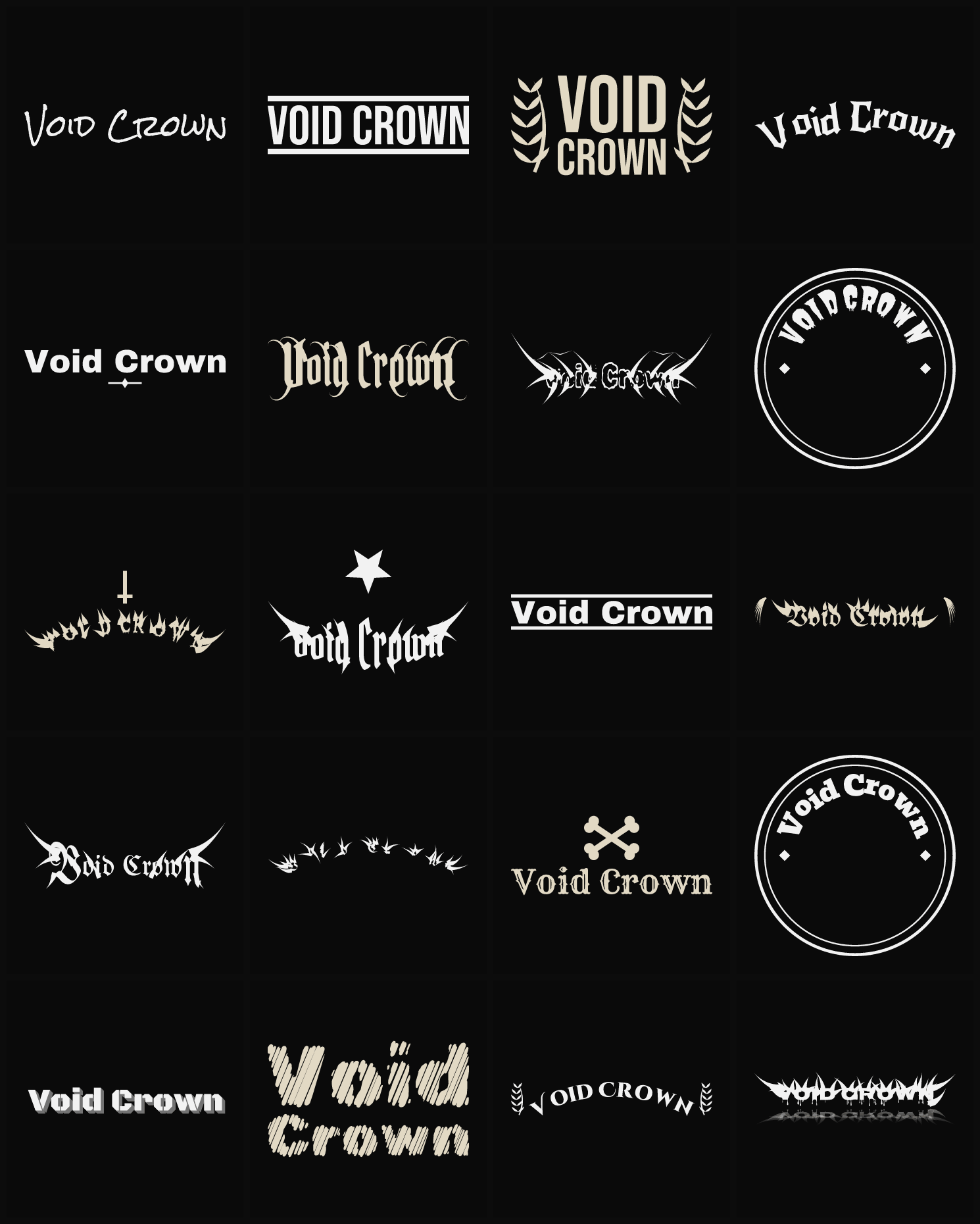 Twenty Void Crown band logo ideas — different faces, treatments and spike settings