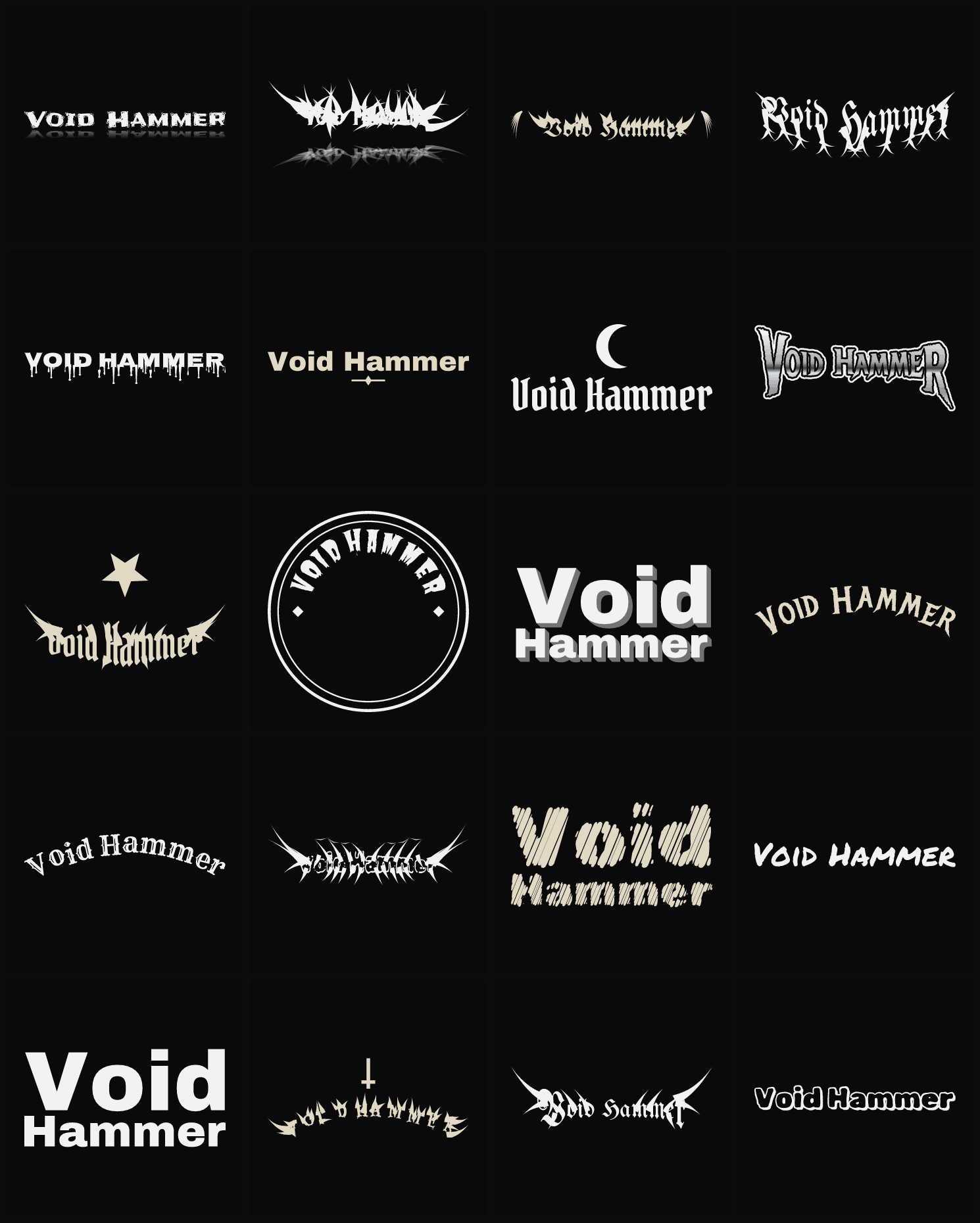 Twenty Void Hammer band logo ideas — different faces, treatments and spike settings