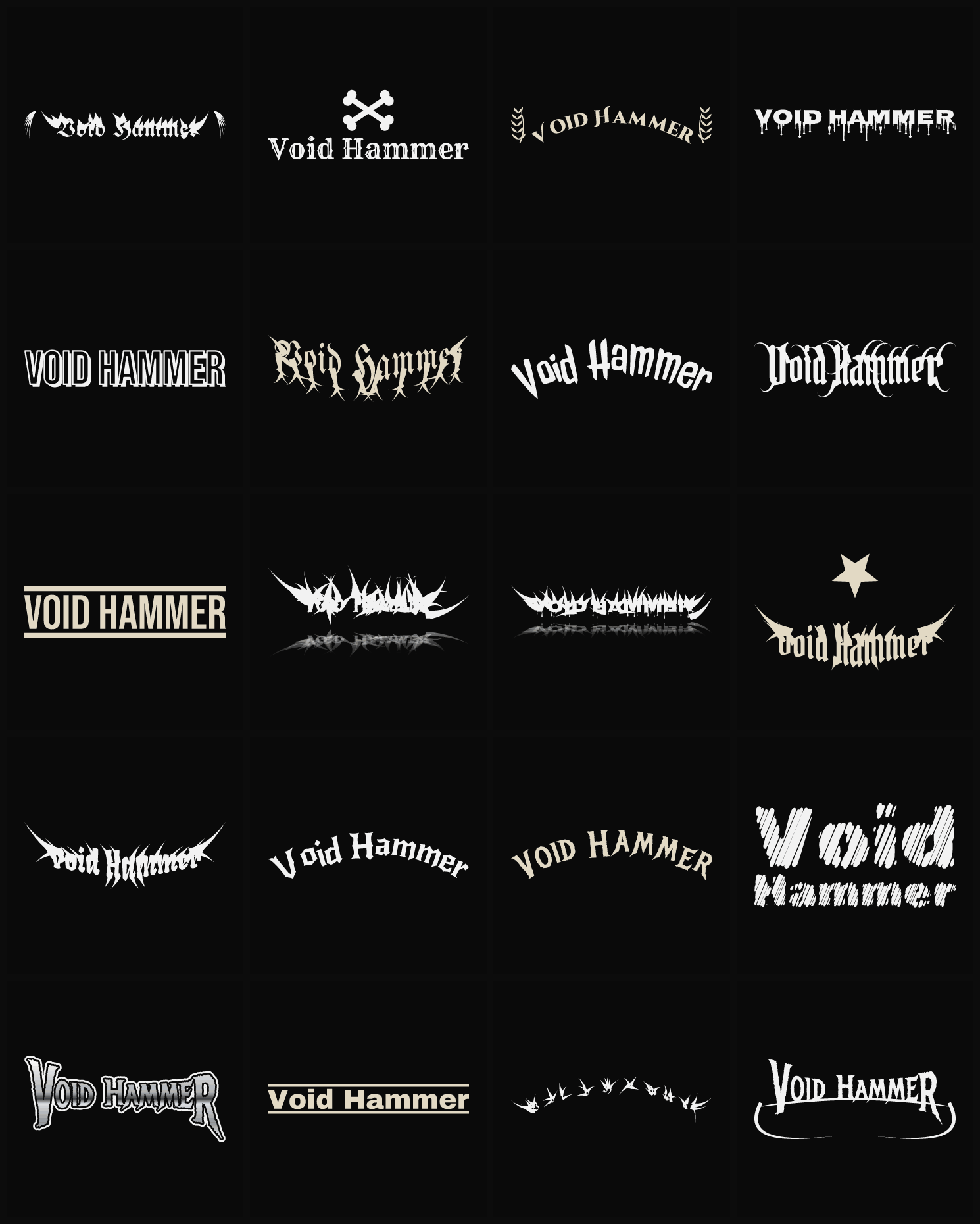 Twenty Void Hammer band logo ideas — different faces, treatments and spike settings