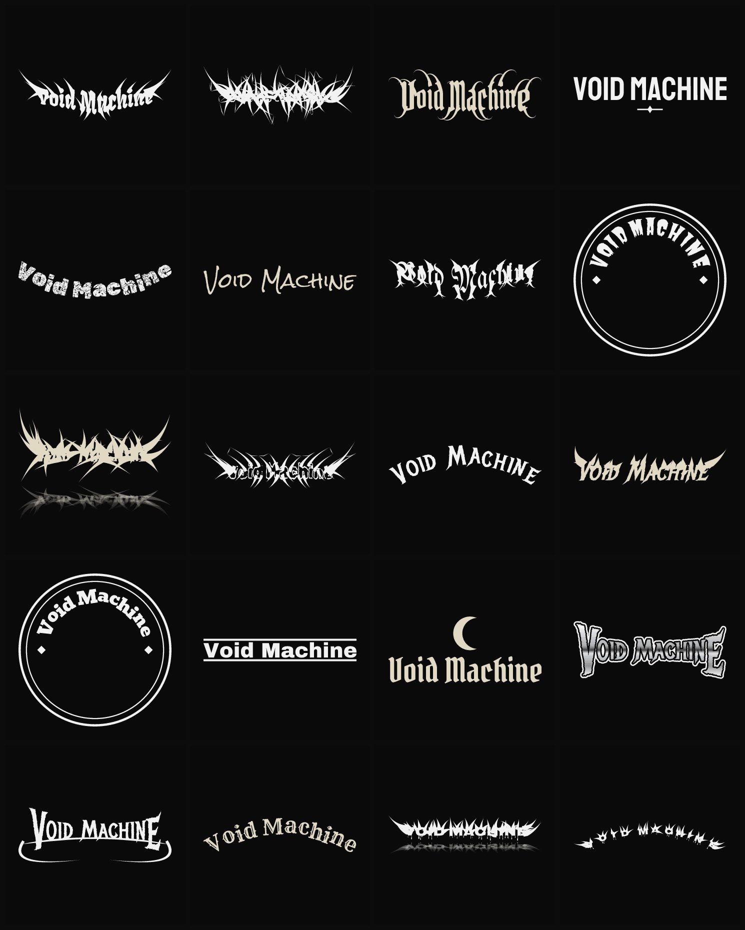 Twenty Void Machine band logo ideas — different faces, treatments and spike settings