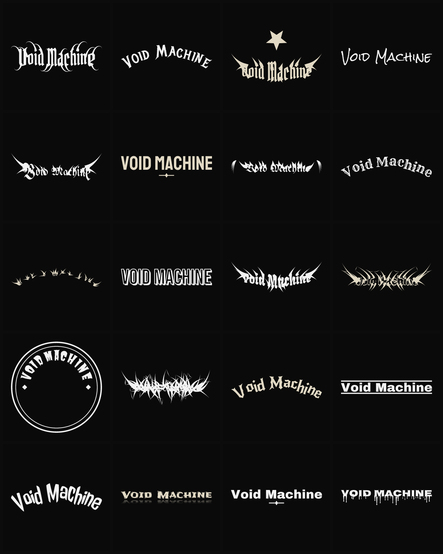 Twenty Void Machine band logo ideas — different faces, treatments and spike settings