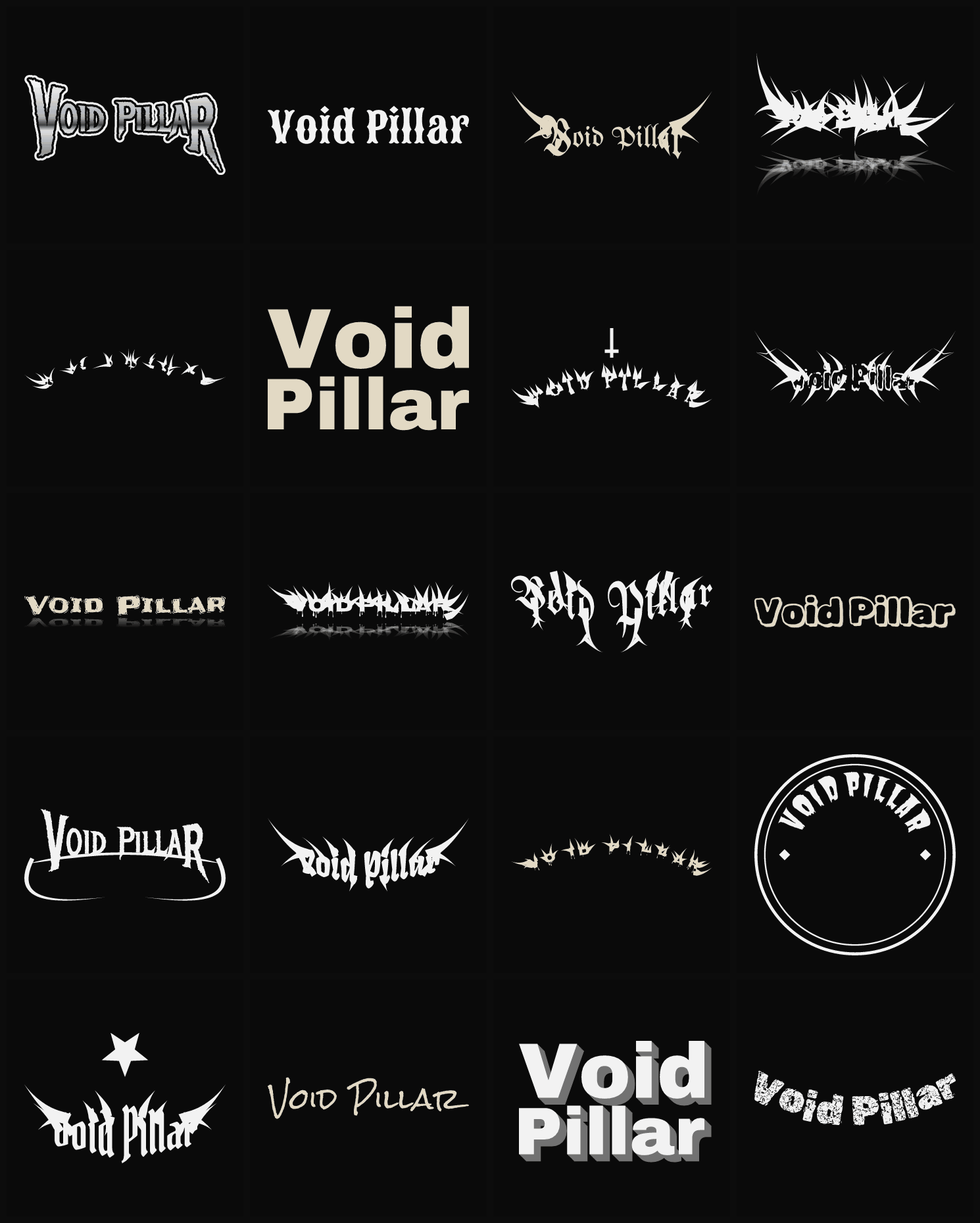 Twenty Void Pillar band logo ideas — different faces, treatments and spike settings