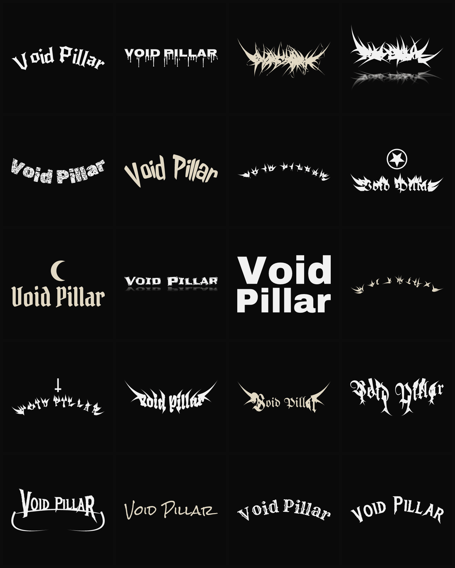 Twenty Void Pillar band logo ideas — different faces, treatments and spike settings