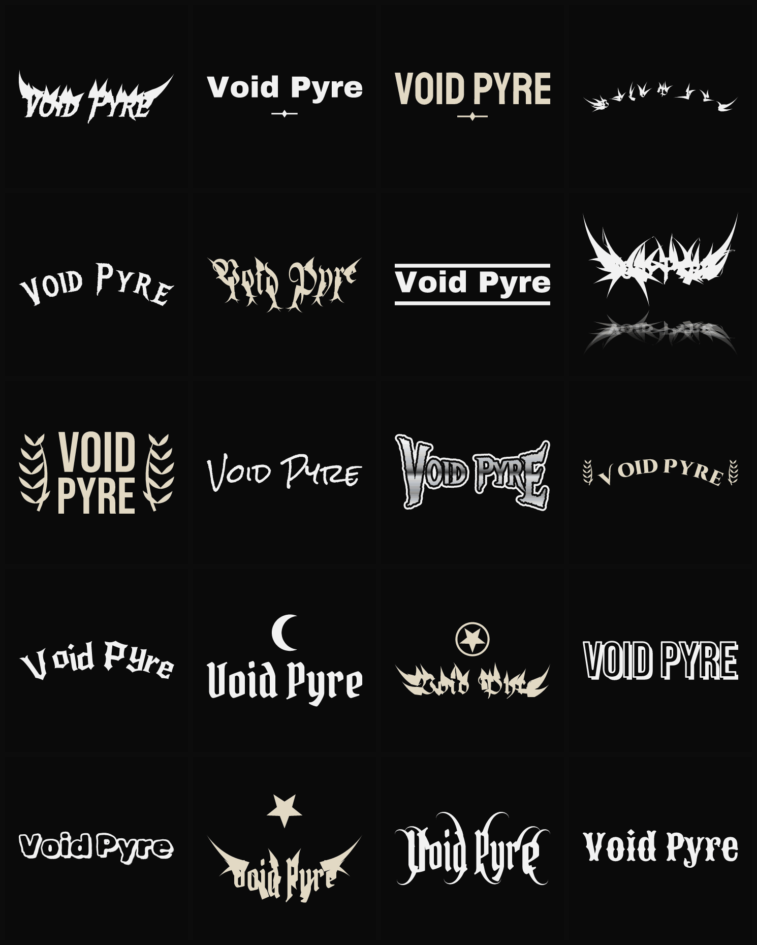 Twenty Void Pyre band logo ideas — different faces, treatments and spike settings