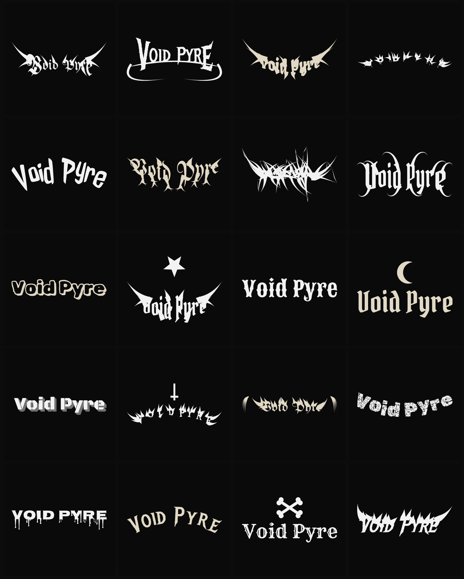 Twenty Void Pyre band logo ideas — different faces, treatments and spike settings