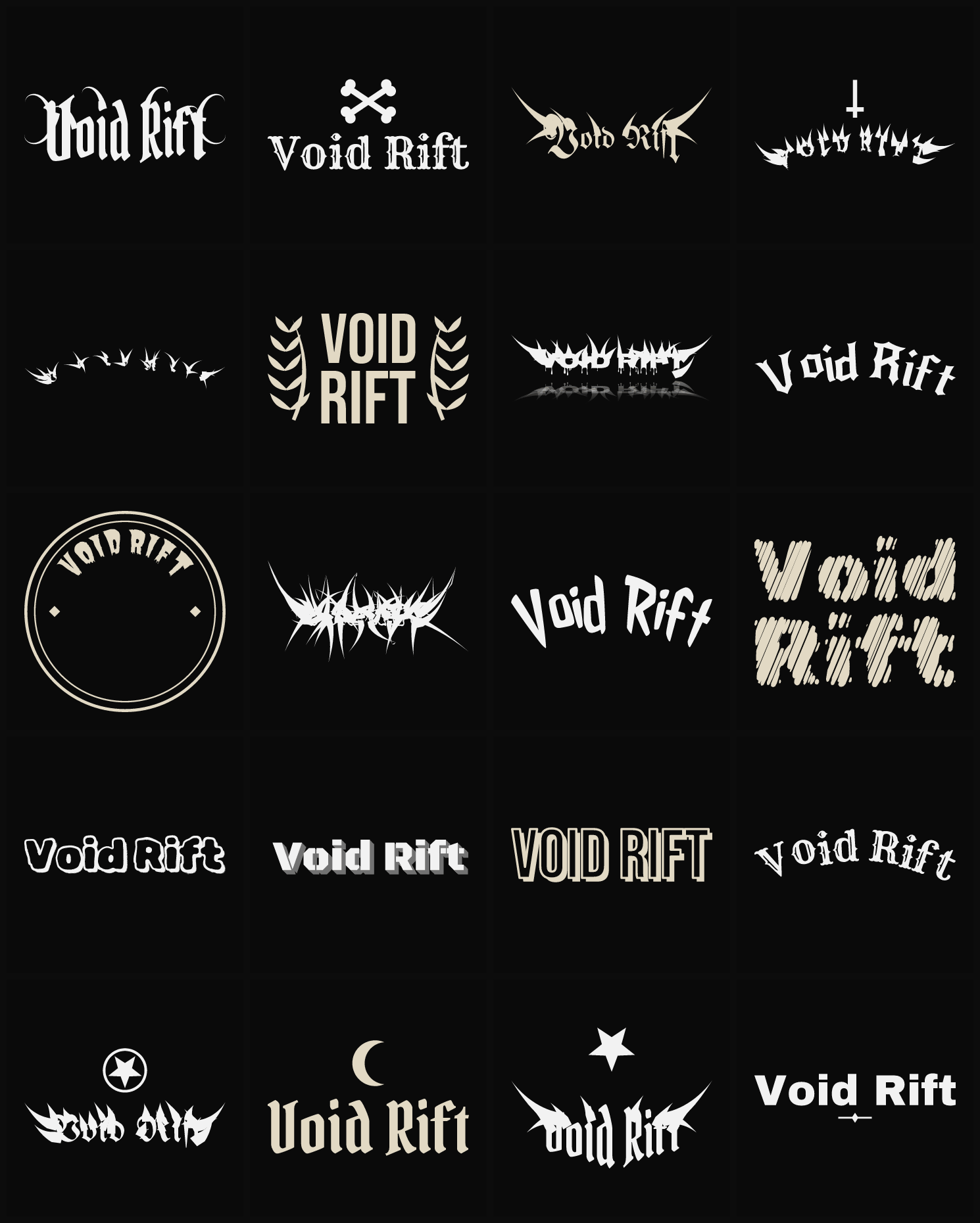 Twenty Void Rift band logo ideas — different faces, treatments and spike settings