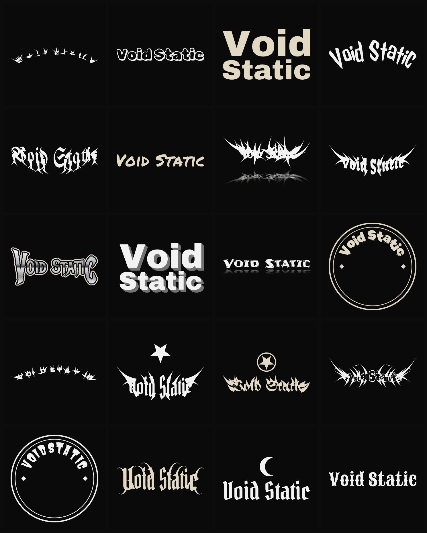 Twenty Void Static band logo ideas — different faces, treatments and spike settings