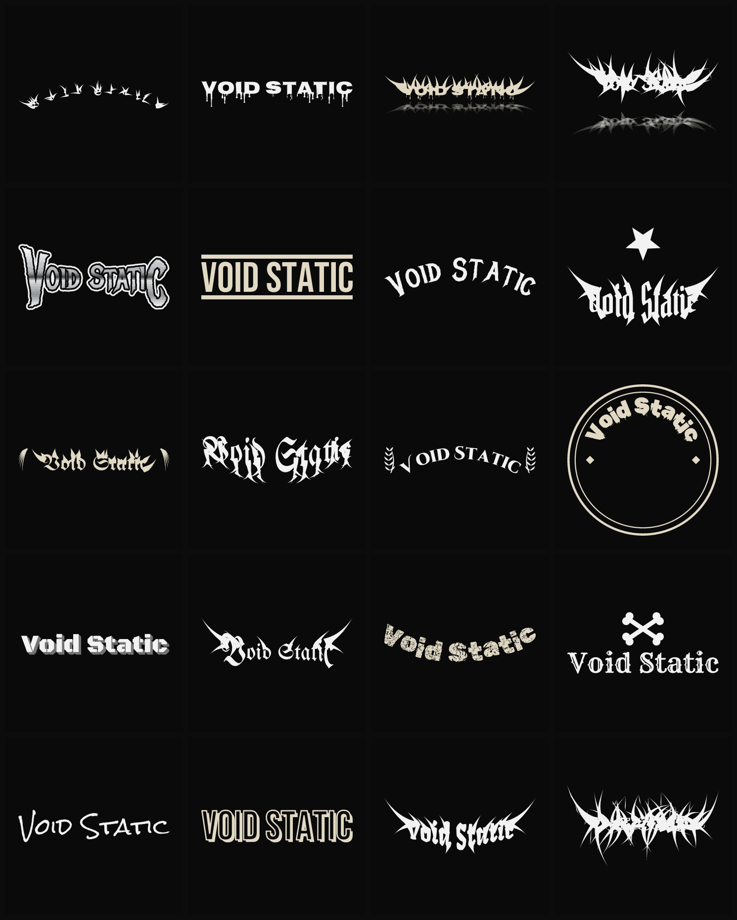 Twenty Void Static band logo ideas — different faces, treatments and spike settings