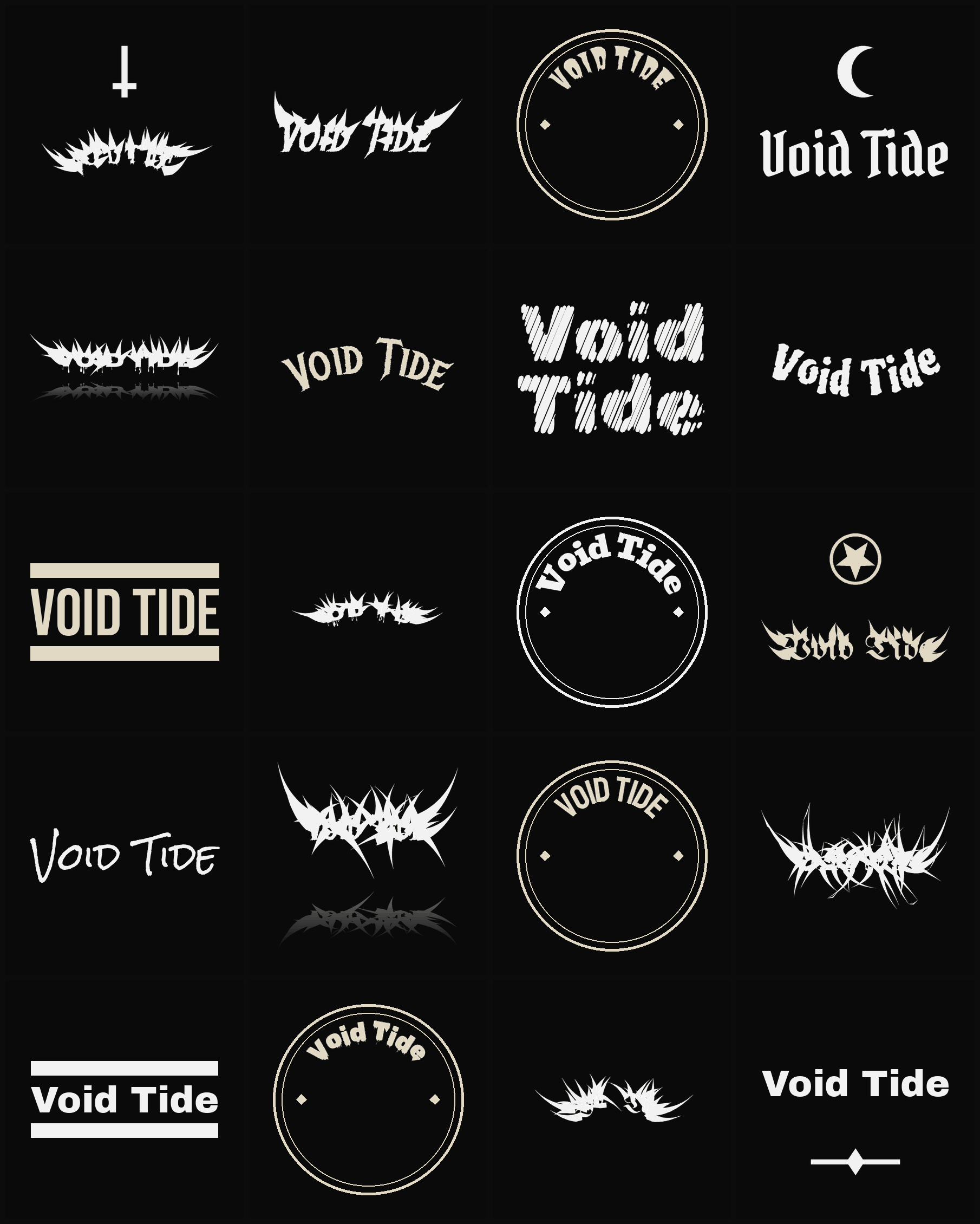 Twenty Void Tide band logo ideas — different faces, treatments and spike settings