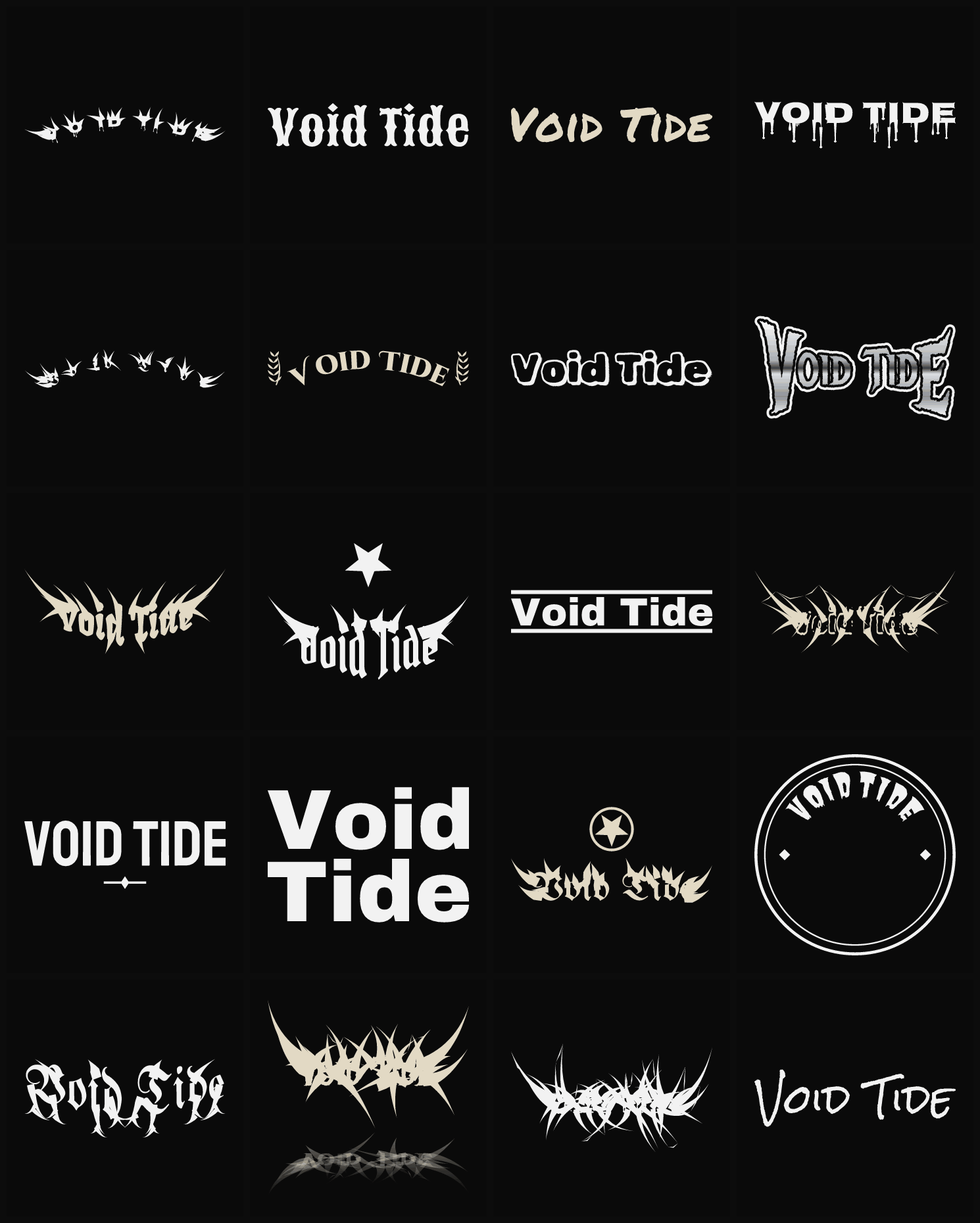 Twenty Void Tide band logo ideas — different faces, treatments and spike settings