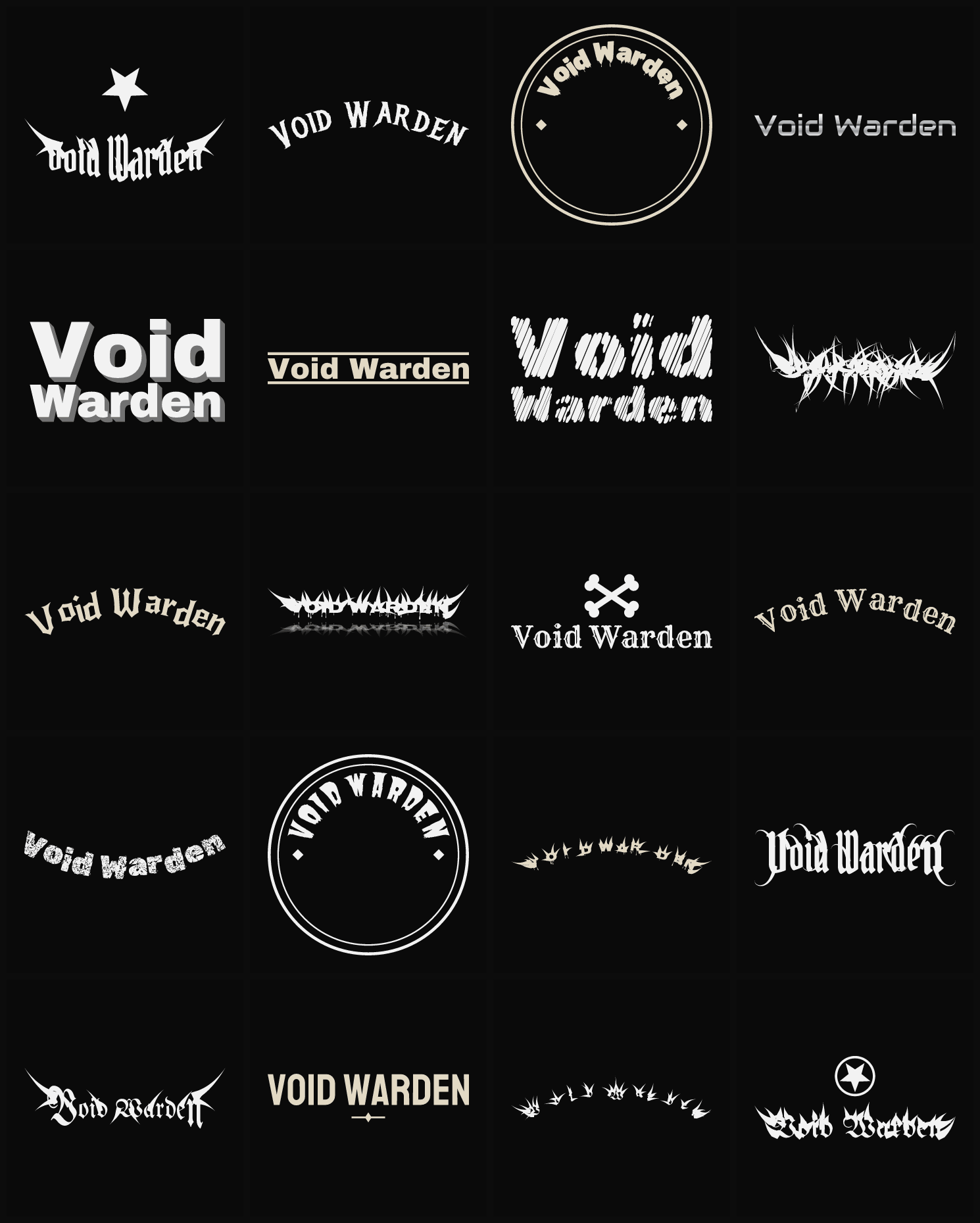 Twenty Void Warden band logo ideas — different faces, treatments and spike settings