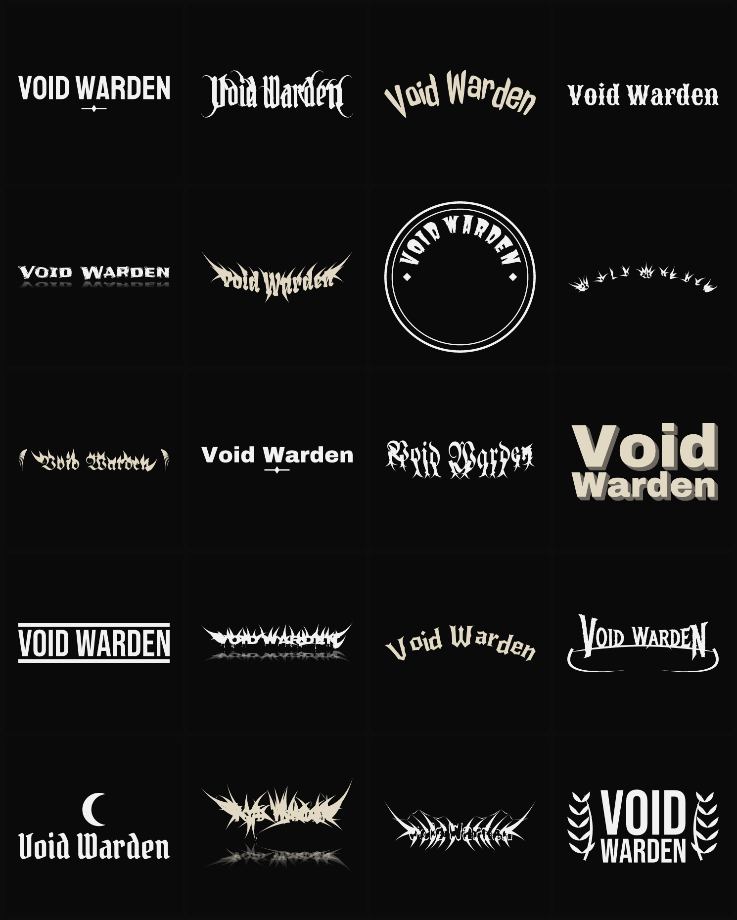 Twenty Void Warden band logo ideas — different faces, treatments and spike settings