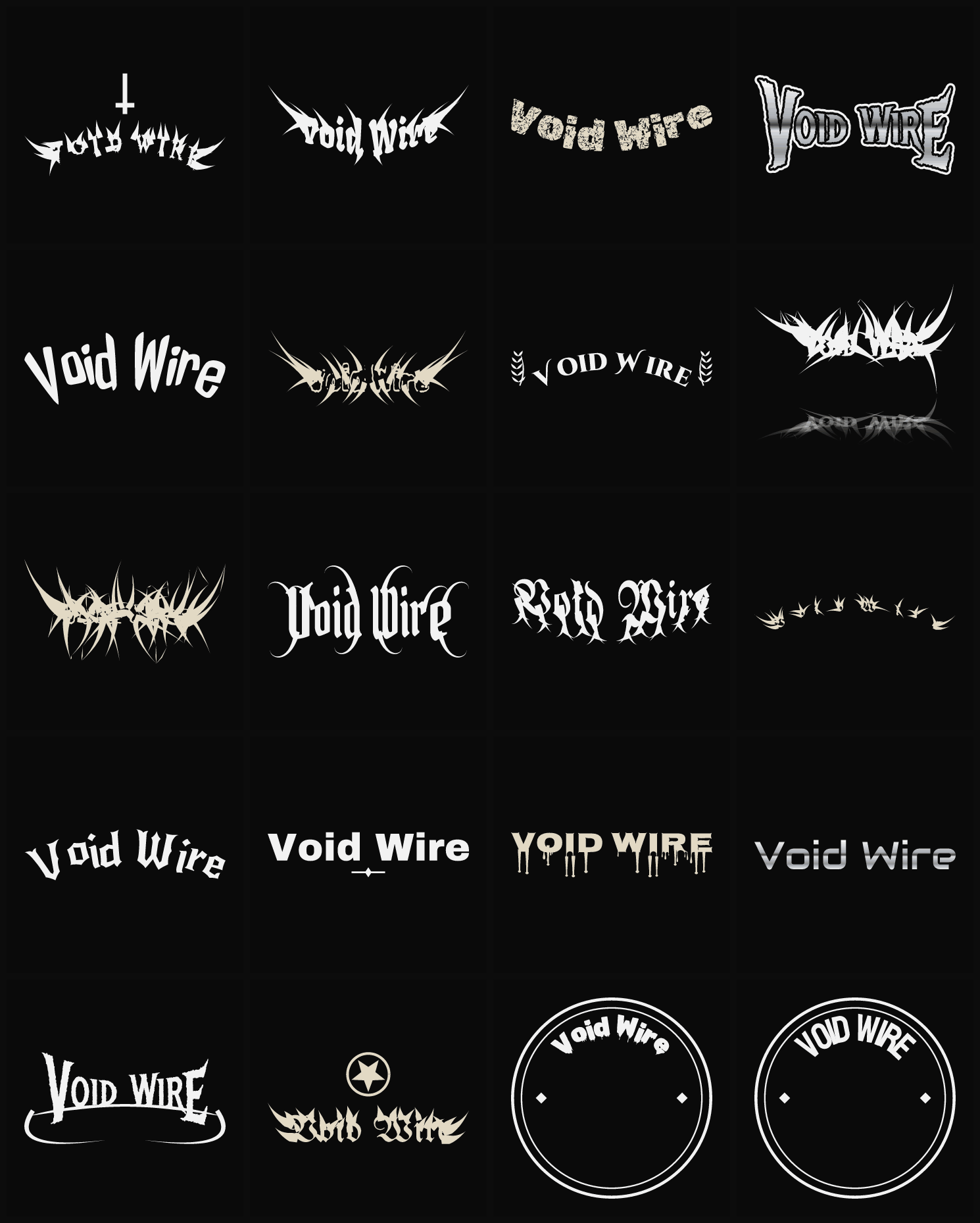 Twenty Void Wire band logo ideas — different faces, treatments and spike settings