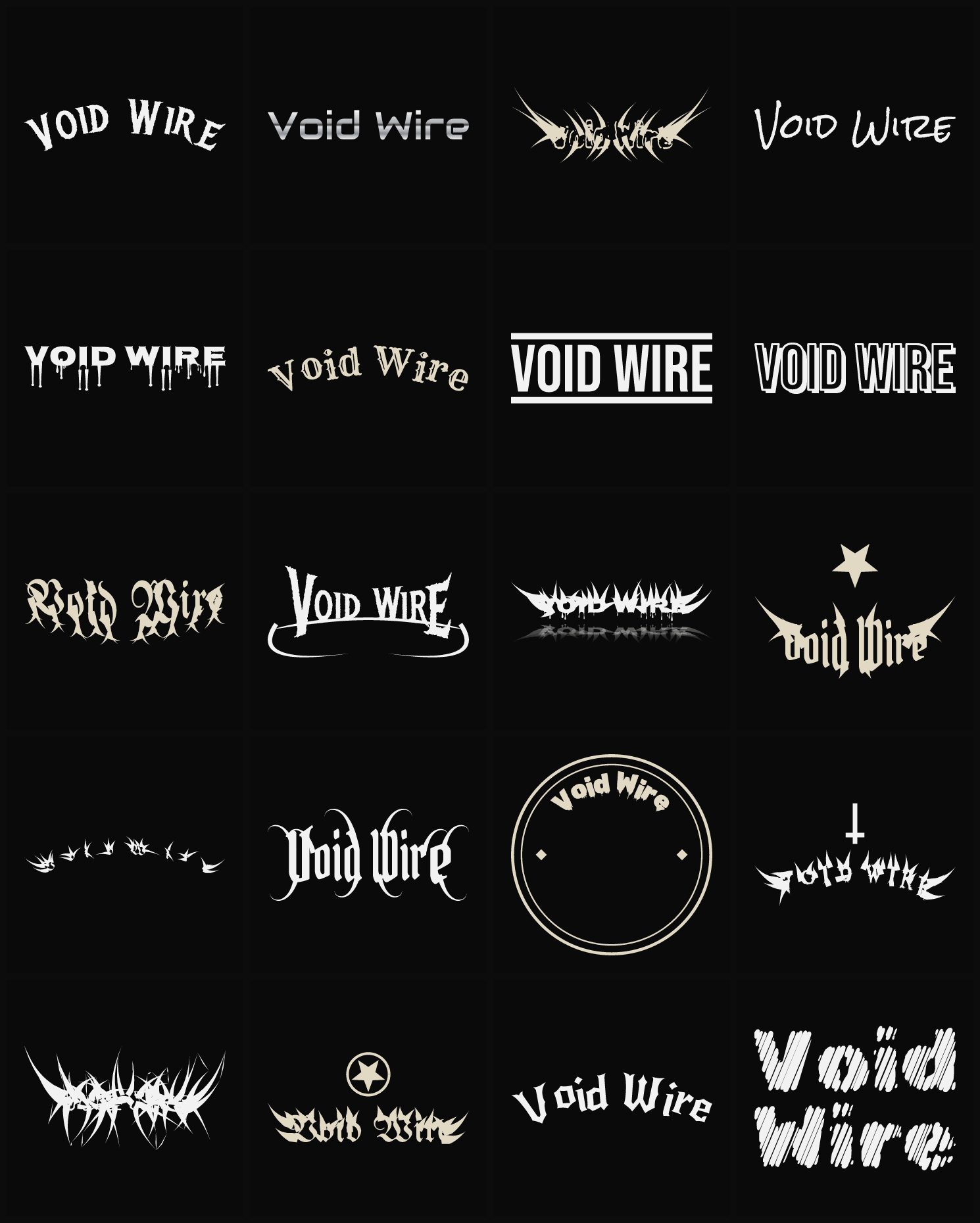 Twenty Void Wire band logo ideas — different faces, treatments and spike settings