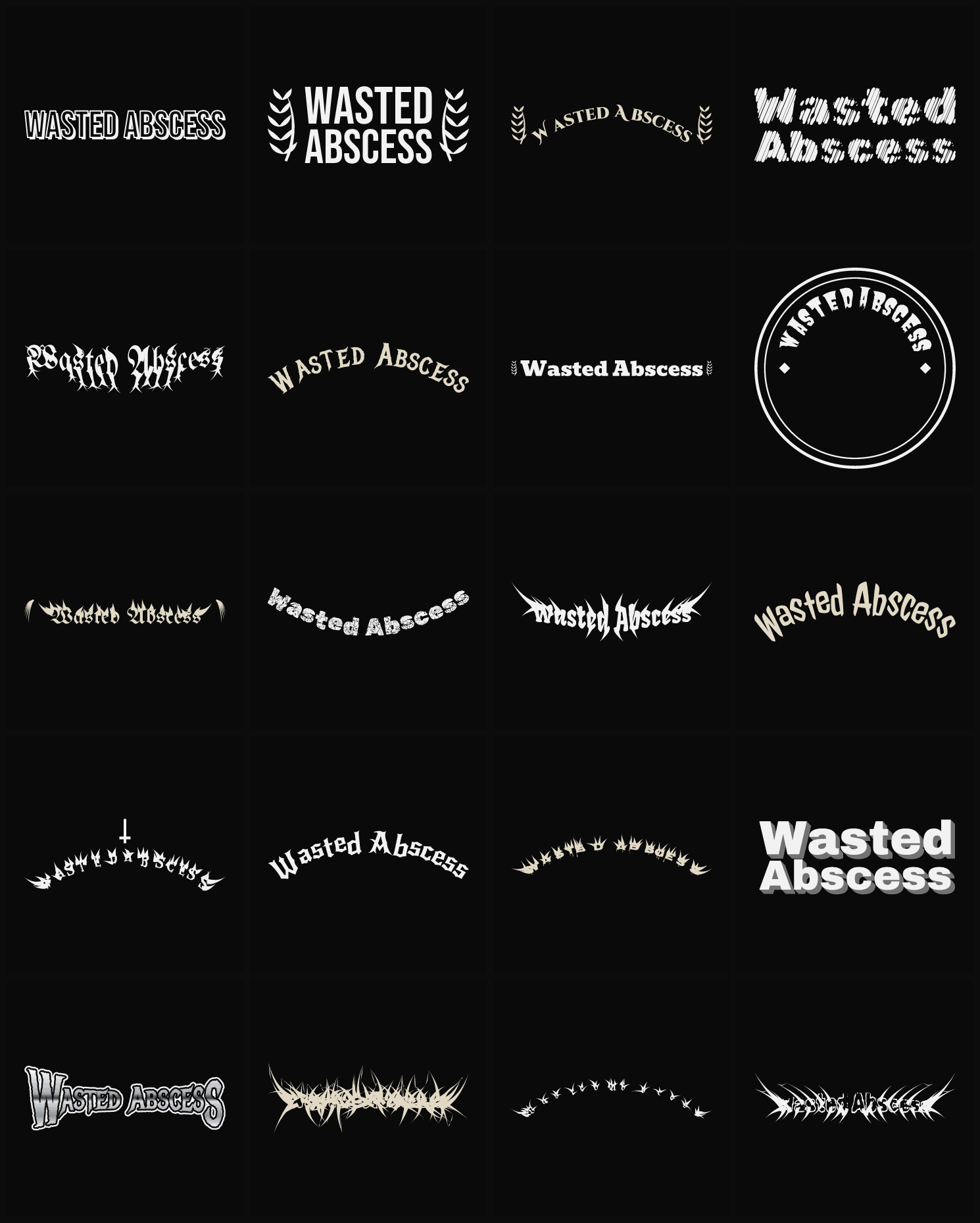 Twenty Wasted Abscess band logo ideas — different faces, treatments and spike settings
