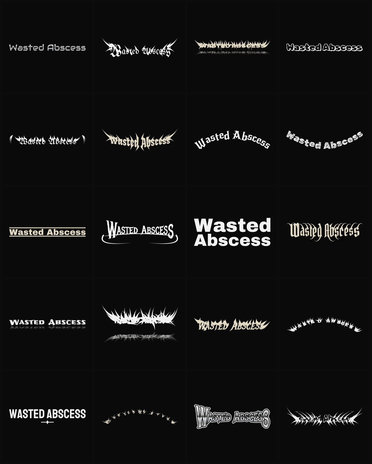 Twenty Wasted Abscess band logo ideas — different faces, treatments and spike settings
