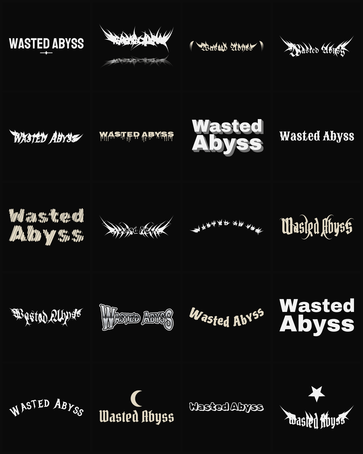 Twenty Wasted Abyss band logo ideas — different faces, treatments and spike settings