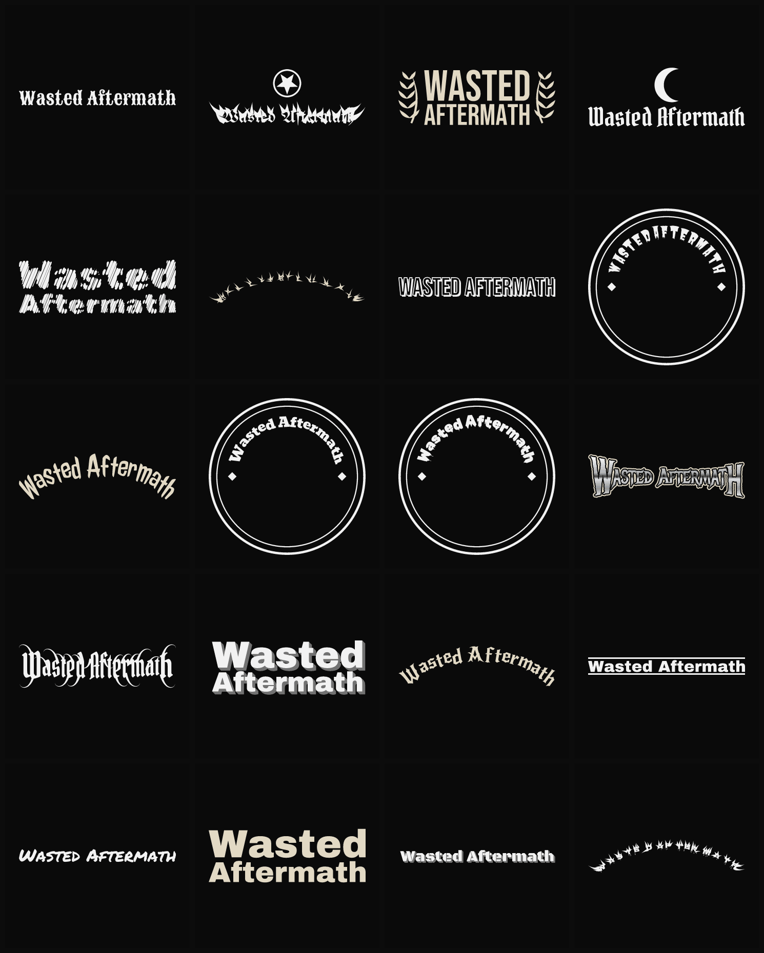 Twenty Wasted Aftermath band logo ideas — different faces, treatments and spike settings