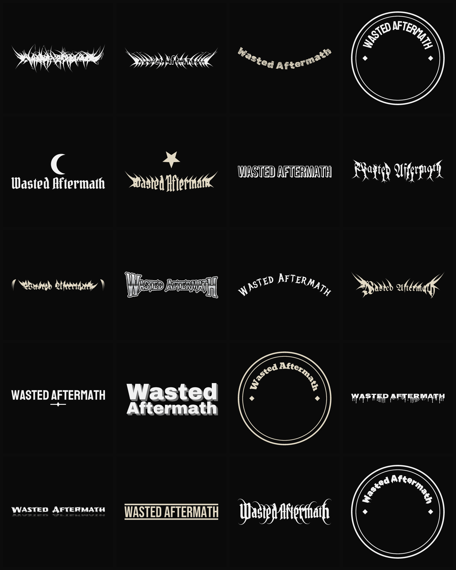 Twenty Wasted Aftermath band logo ideas — different faces, treatments and spike settings