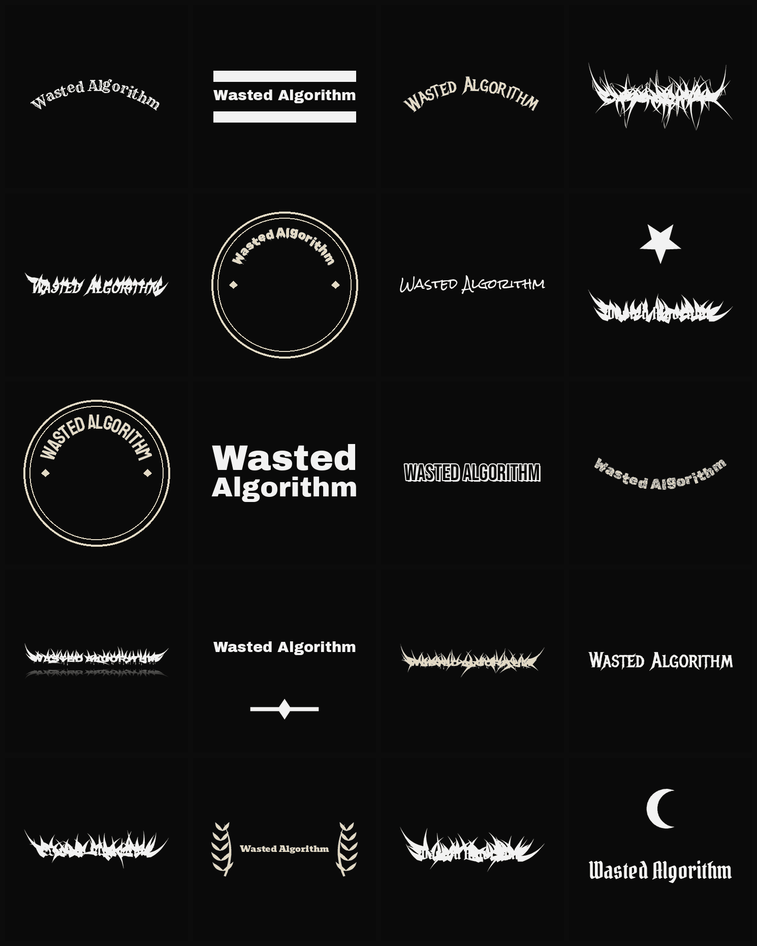 Twenty Wasted Algorithm band logo ideas — different faces, treatments and spike settings