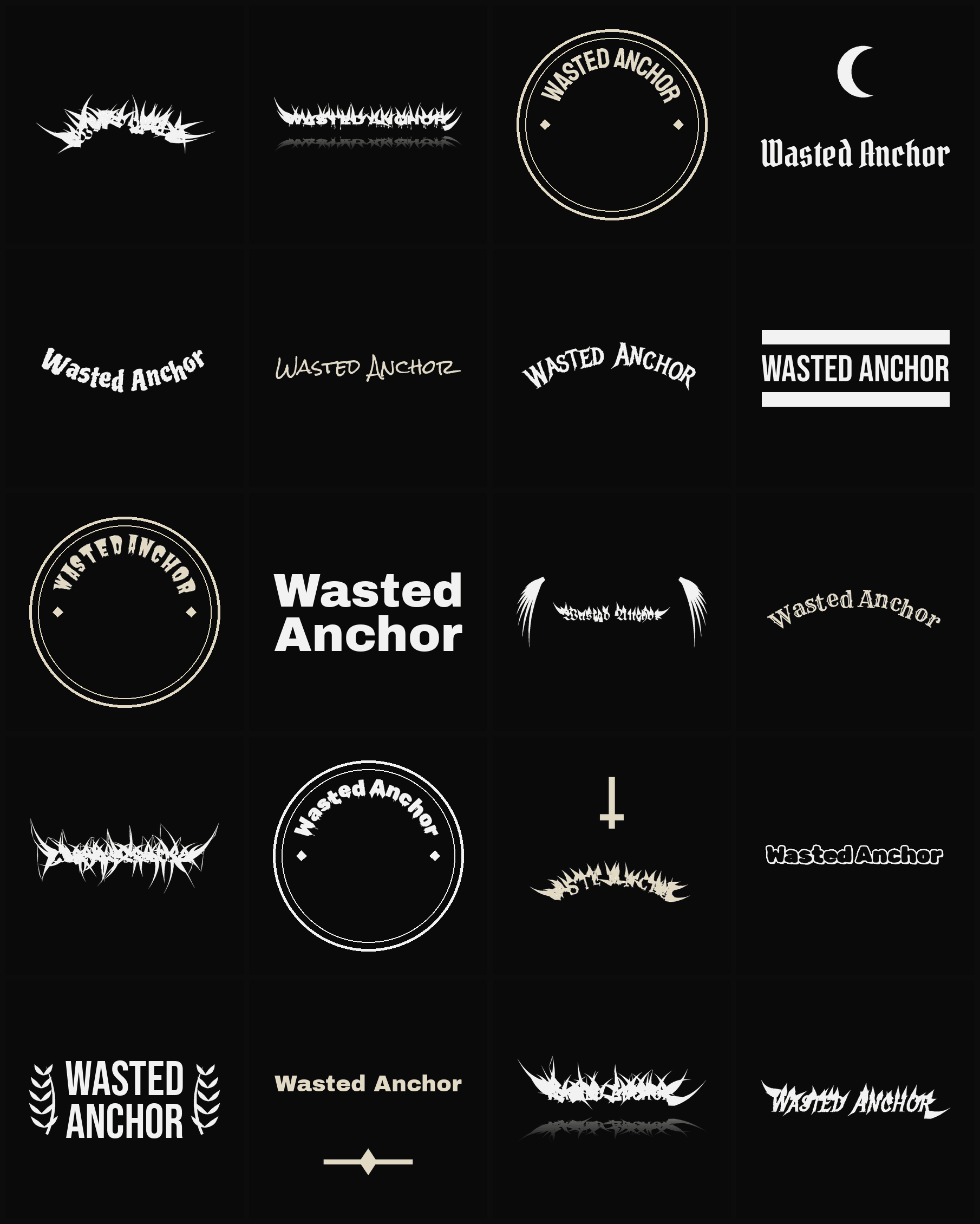 Twenty Wasted Anchor band logo ideas — different faces, treatments and spike settings