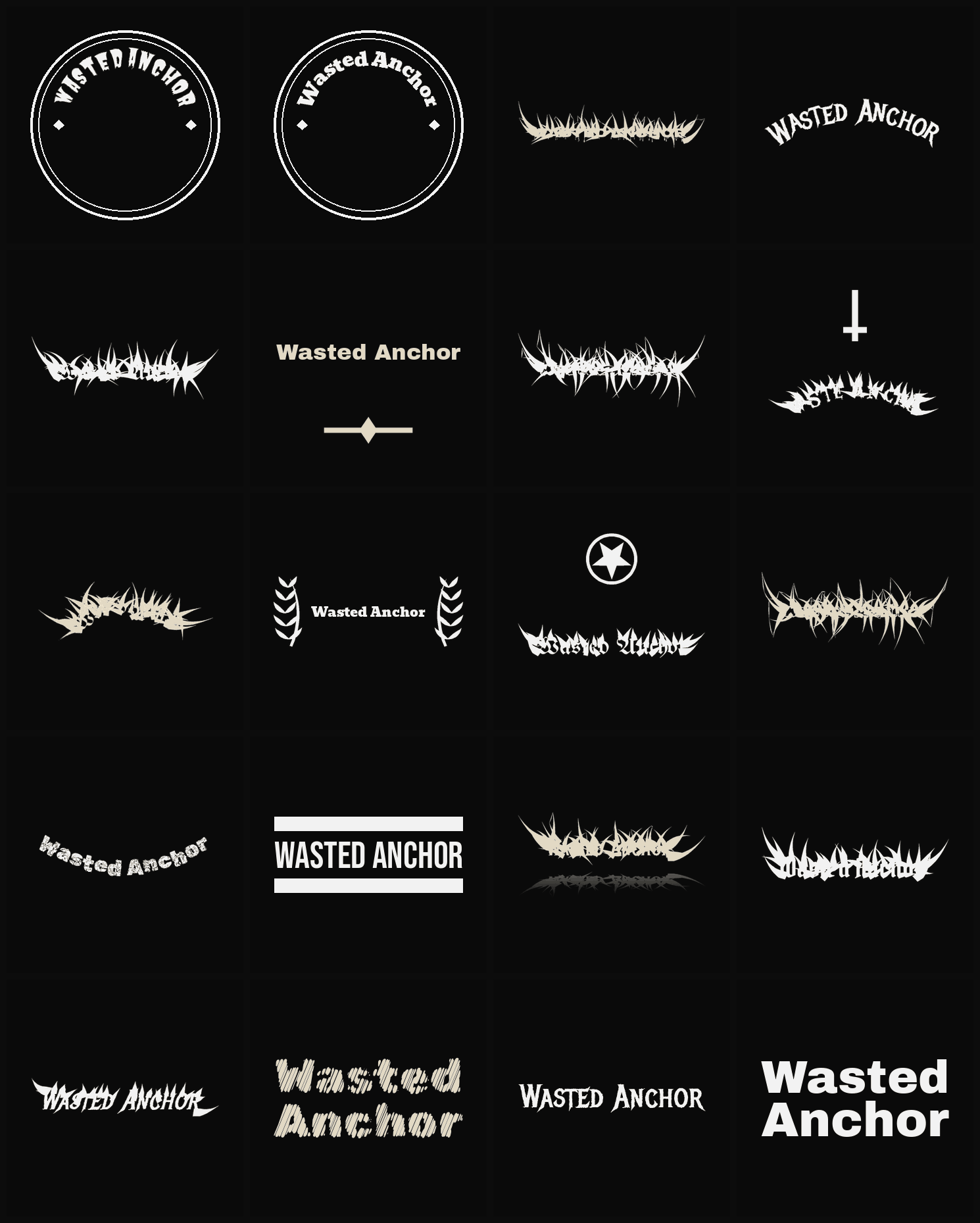 Twenty Wasted Anchor band logo ideas — different faces, treatments and spike settings