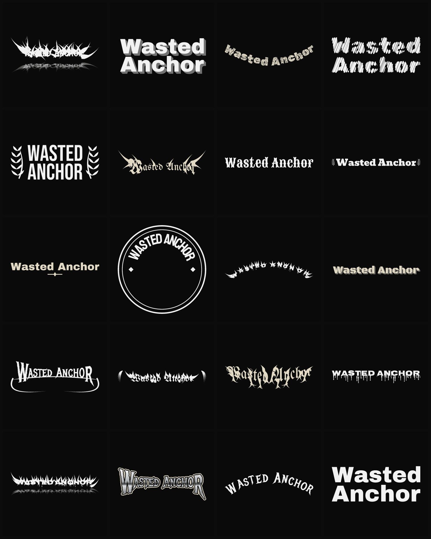 Twenty Wasted Anchor band logo ideas — different faces, treatments and spike settings
